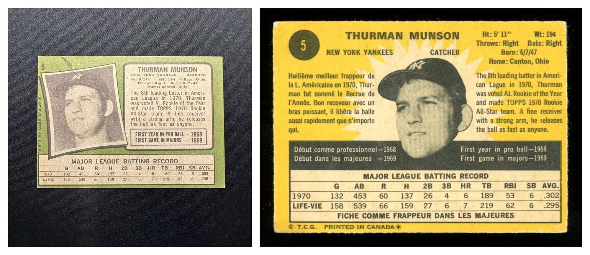 Every tell on one card back: Topps' English-only green back, 'T.C.G. PRTD. IN U.S.A.' (left) vs. O-Pee-Chee's bilingual yellow back — 'LIFE-VIE,' French bio text, and '© T.C.G. PRINTED IN CANADA' along the bottom.