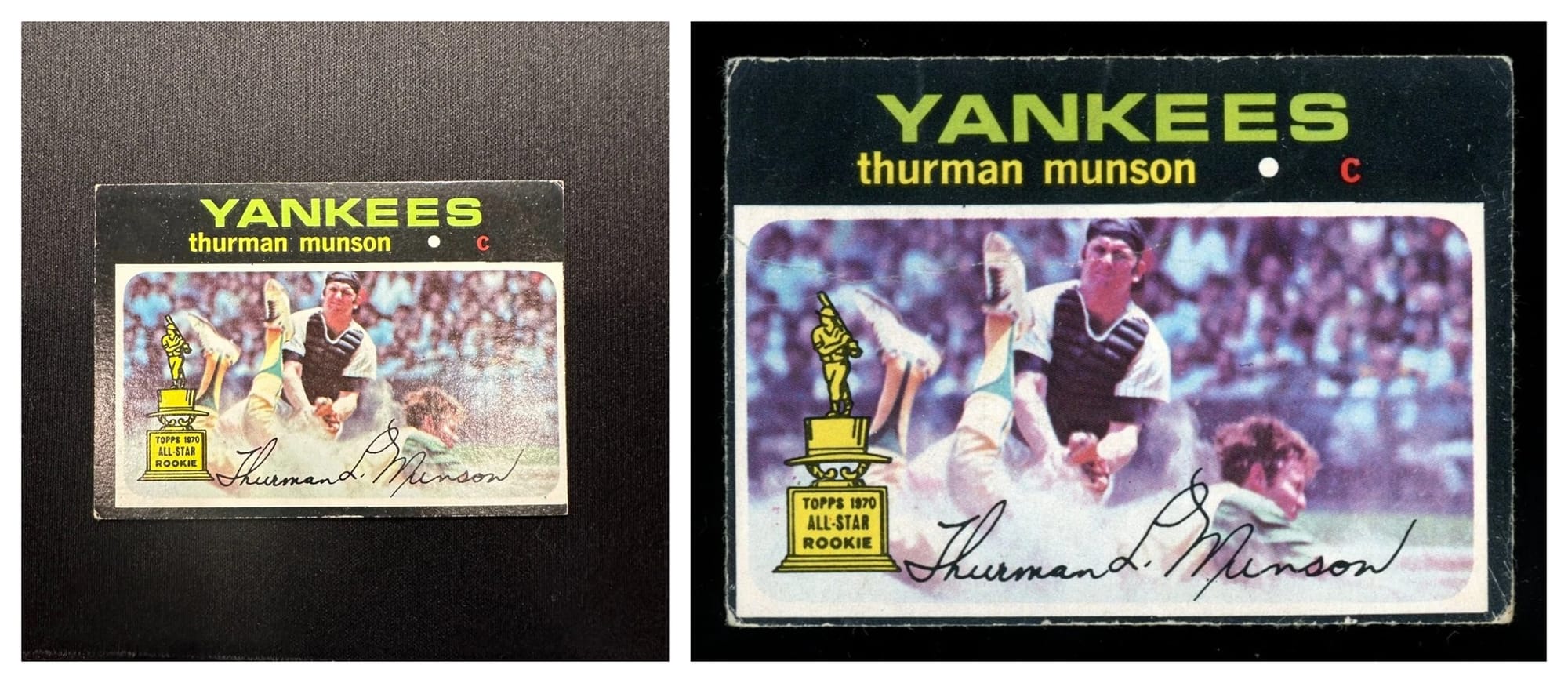 Same card, two countries: the 1971 Topps Thurman Munson (left) and its O-Pee-Chee twin.