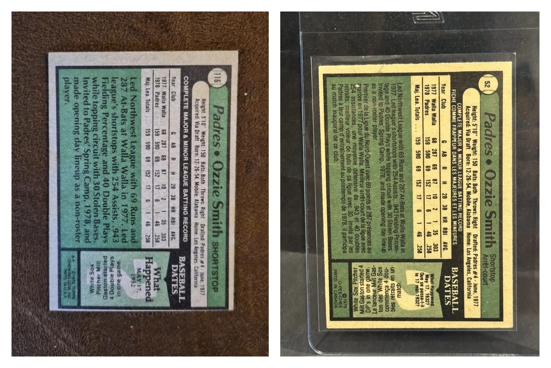 1979 Ozzie Smith rookie backs: Topps (left) vs. O-Pee-Chee — French text and a different card number, because OPC's smaller set renumbered everything.