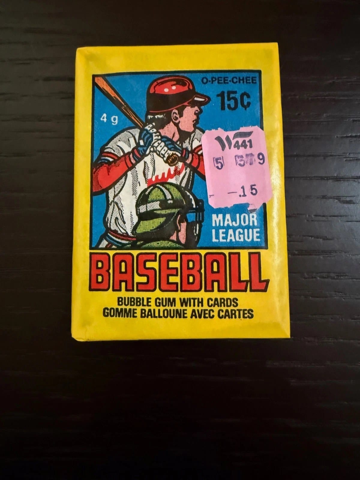Bilingual down to the wrapper: an O-Pee-Chee baseball wax pack — 'bubble gum with cards / gomme balloune avec cartes.'