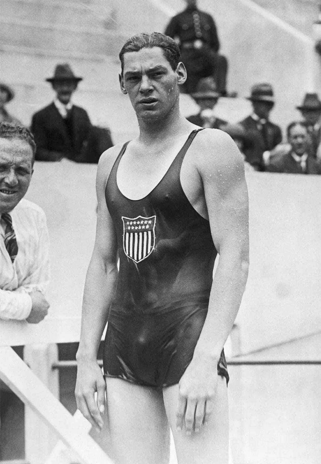 Weissmuller in his U.S. Olympic suit.