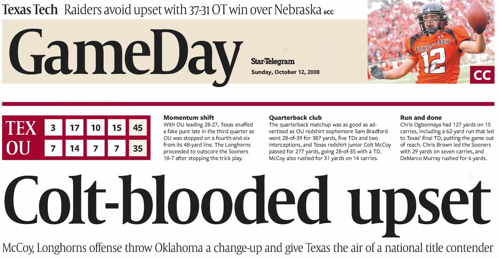 Fort Worth Star-Telegram GameDay, October 12, 2008: “Colt-blooded upset.”