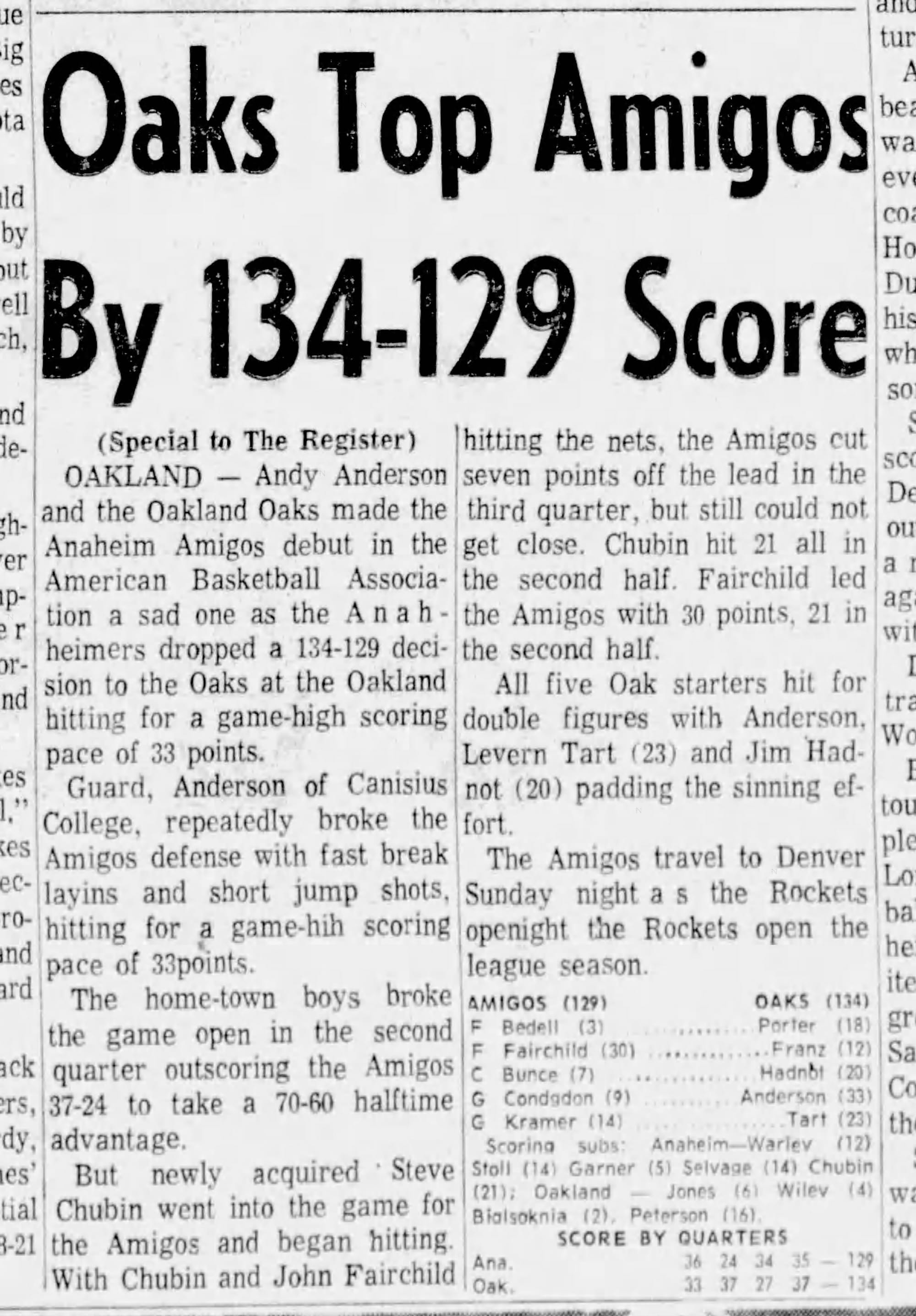 The Santa Ana Register's story on the first game in ABA history, Oct. 14, 1967.