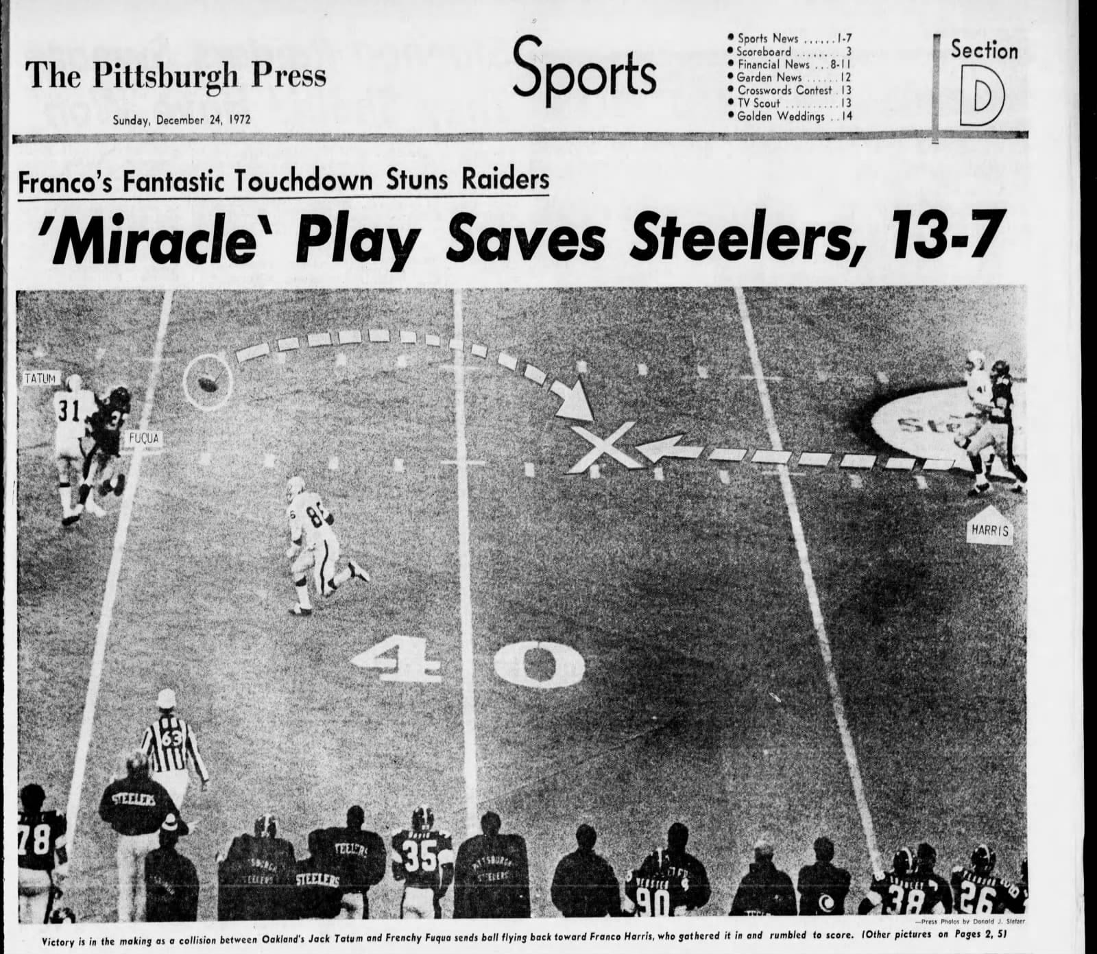 The Pittsburgh Press, Dec. 24, 1972, with the ball's path drawn in: "'Miracle' Play Saves Steelers, 13-7."