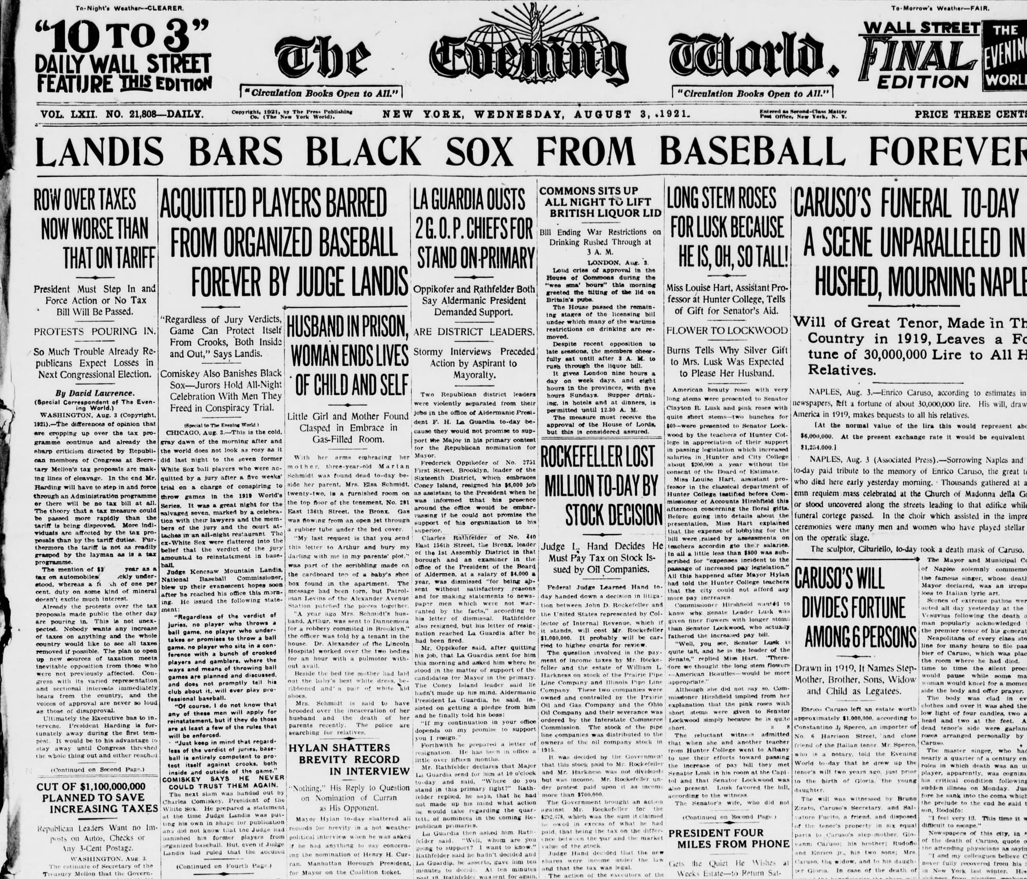 "LANDIS BARS BLACK SOX FROM BASEBALL FOREVER": the New York Evening World, Aug. 3, 1921.