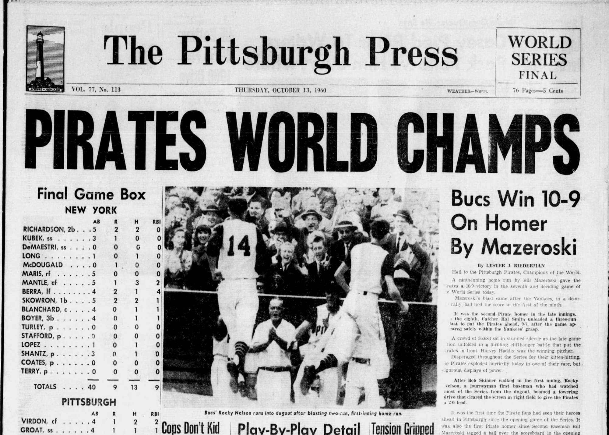 "PIRATES WORLD CHAMPS": the Pittsburgh Press World Series Final, printed the same afternoon, Oct. 13, 1960.