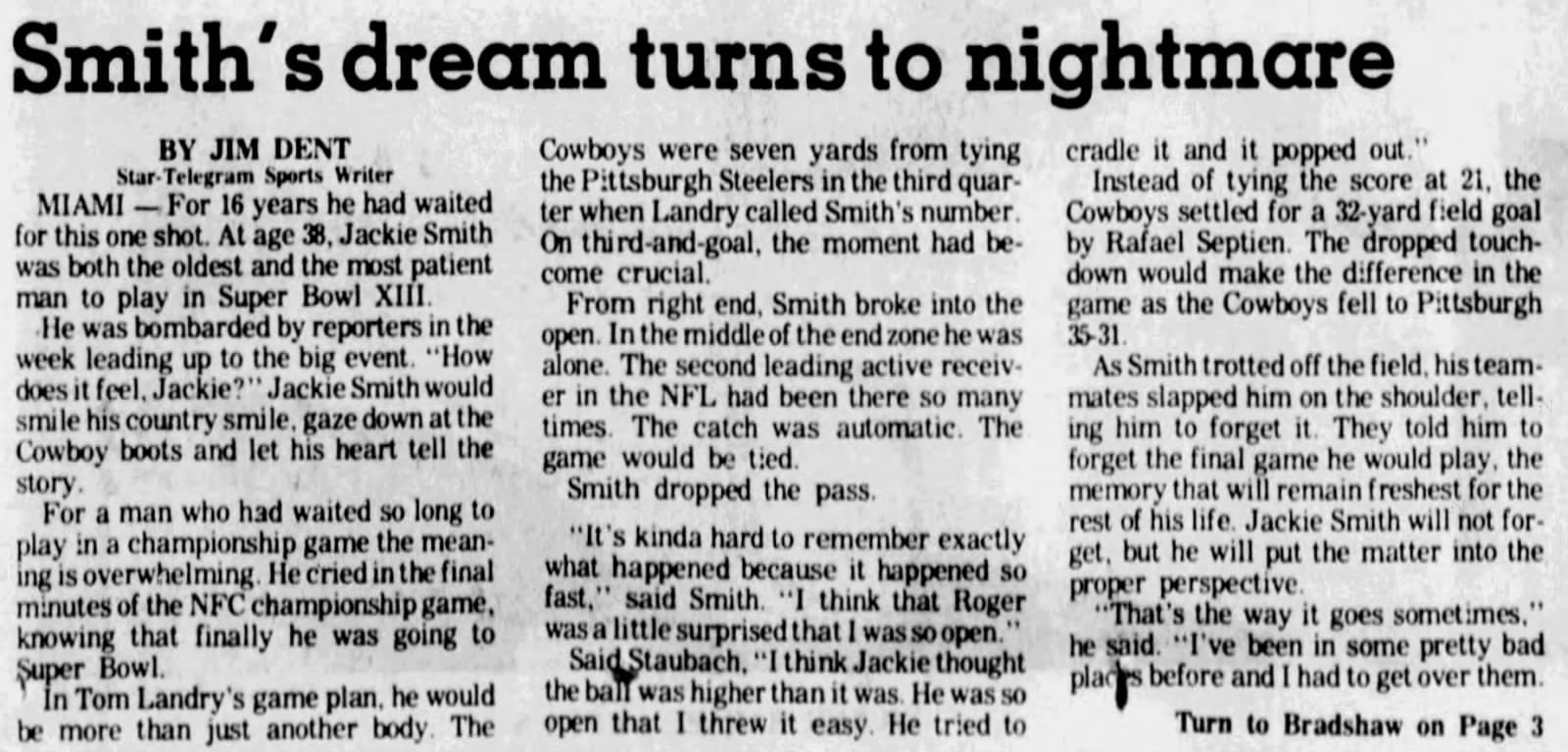 Fort Worth Star-Telegram, January 22, 1979: “Smith’s dream turns to nightmare,” by Jim Dent.
