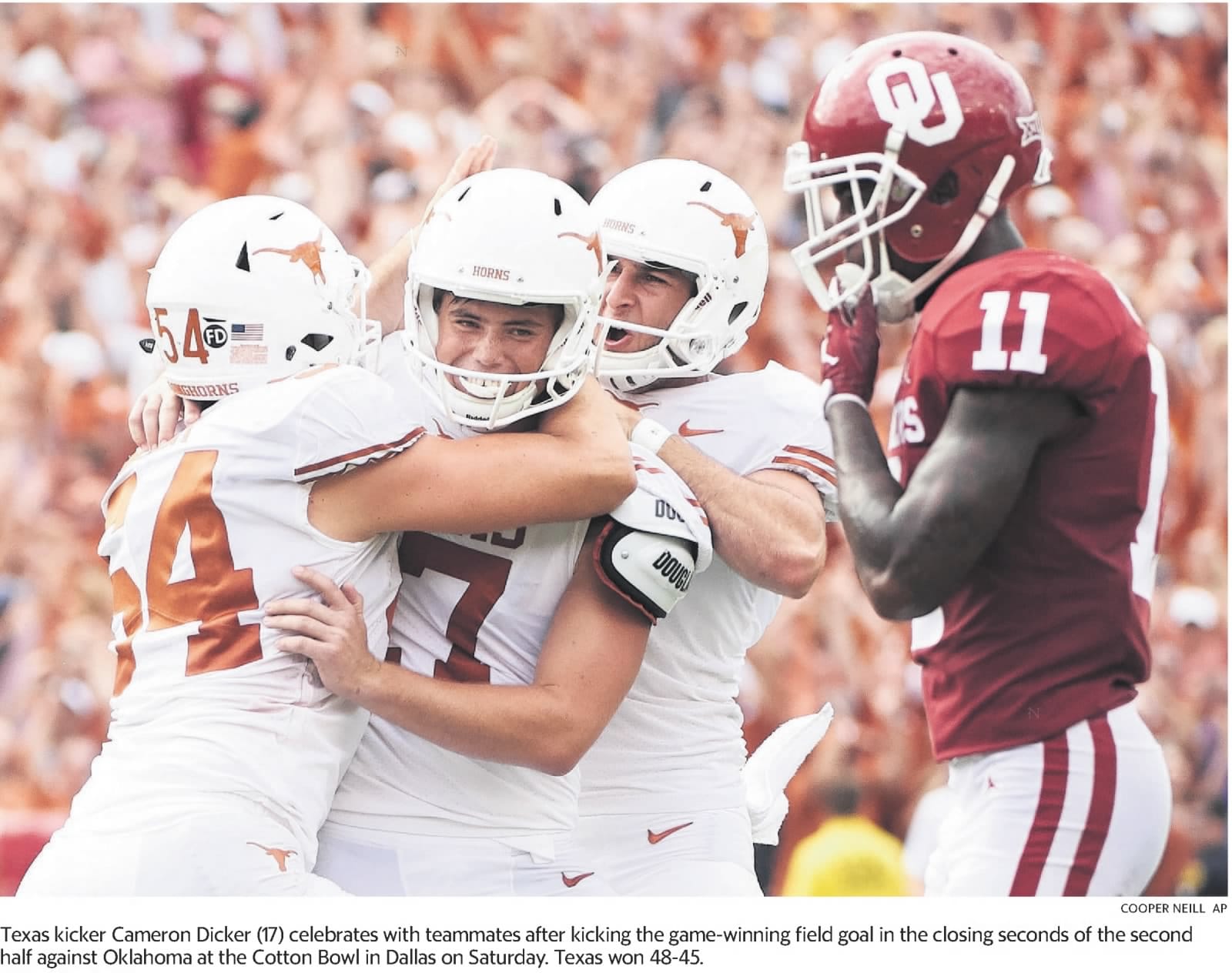 Fort Worth Star-Telegram, October 7, 2018: Cameron Dicker celebrates the game-winning field goal.