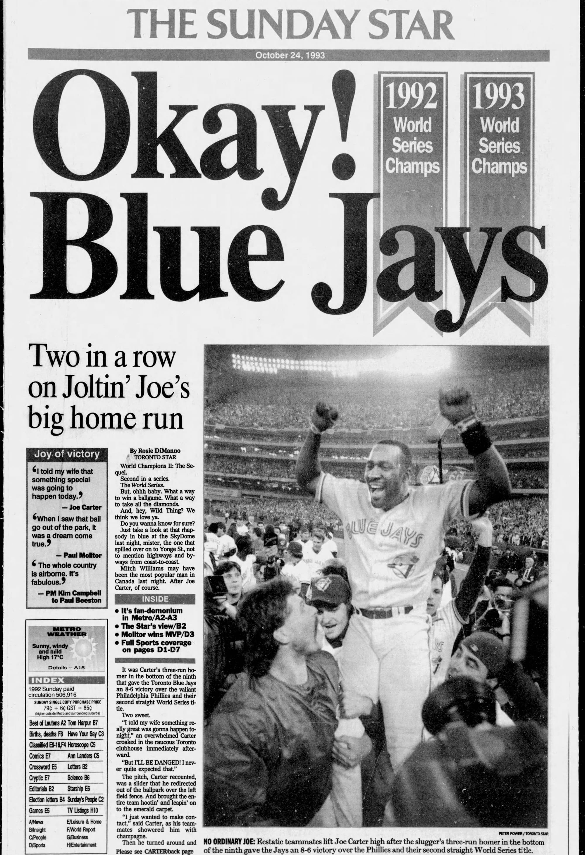 "Okay! Blue Jays": the Toronto Star, Oct. 24, 1993.