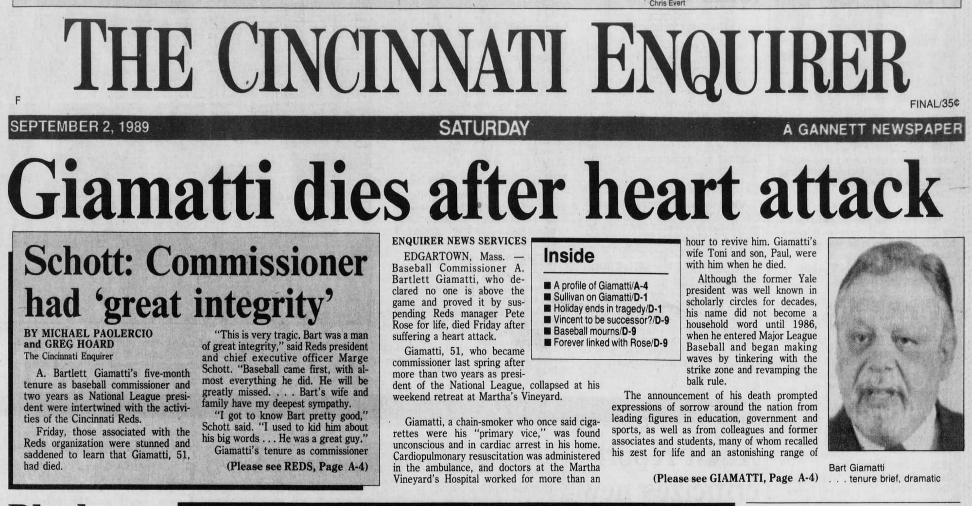 "Giamatti dies after heart attack": the Cincinnati Enquirer, Sept. 2, 1989.
