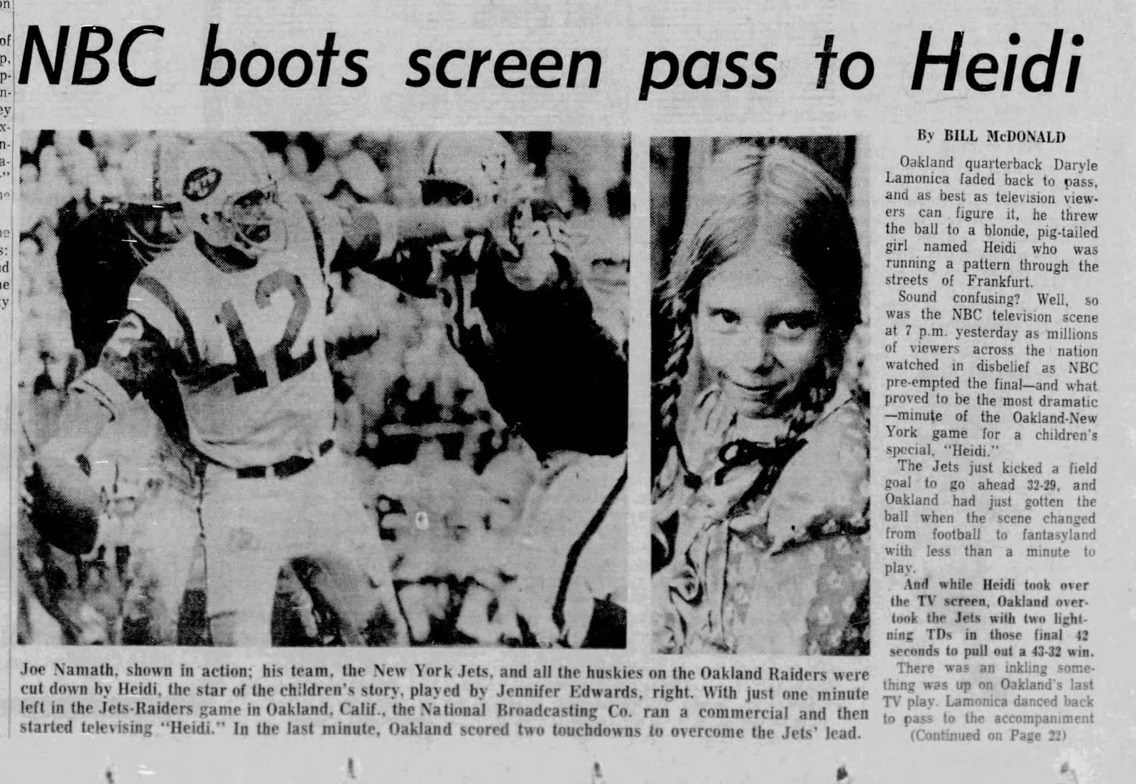 Staten Island Advance, Nov. 18, 1968: "NBC boots screen pass to Heidi."