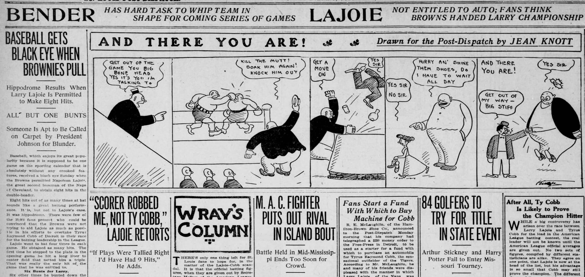 St. Louis Post-Dispatch, Oct. 10, 1910: "Lajoie Not Entitled to Auto; Fans Think Browns Handed Larry Championship."