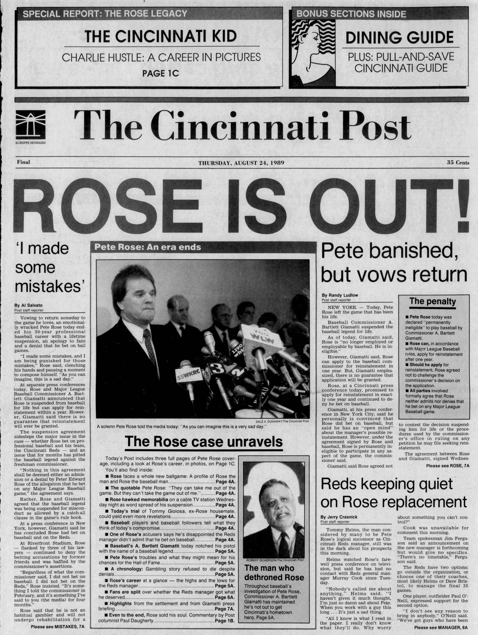 "ROSE IS OUT!": the Cincinnati Post, Aug. 24, 1989, the afternoon of the announcement.