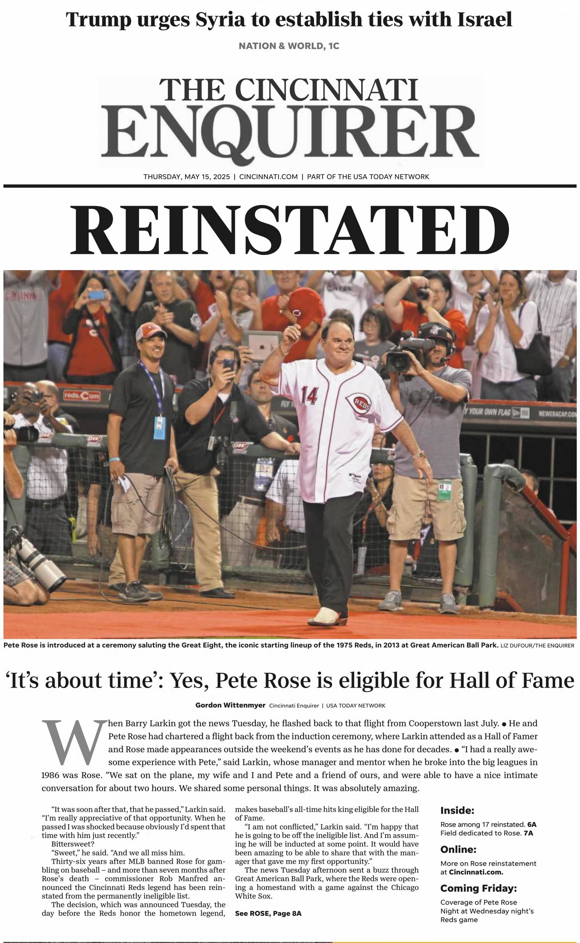 "REINSTATED": the Cincinnati Enquirer, May 15, 2025.