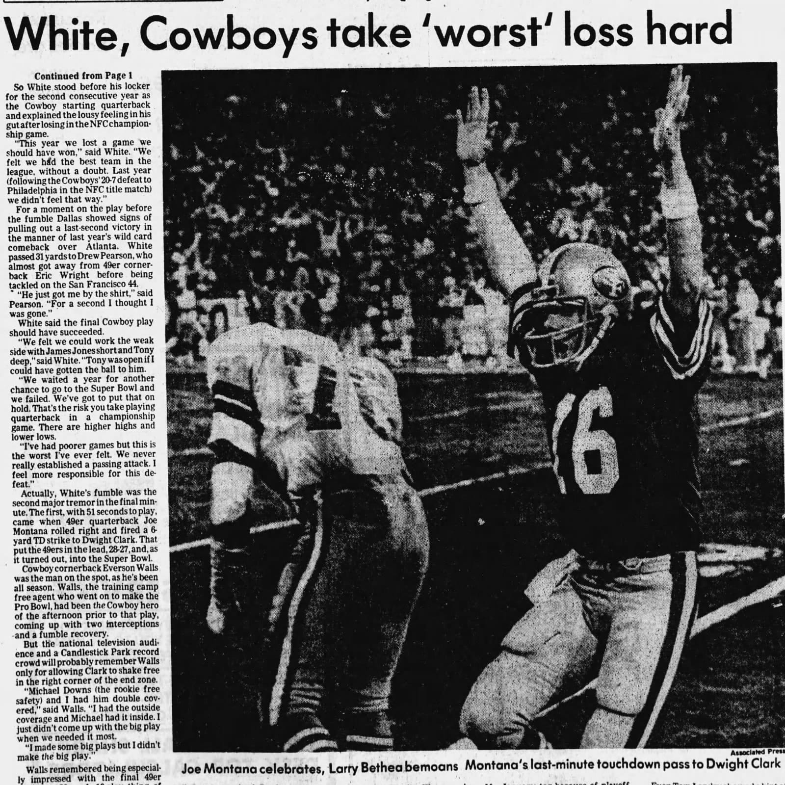 Fort Worth Star-Telegram, January 11, 1982: “White, Cowboys take ‘worst’ loss hard.” Joe Montana celebrates; Larry Bethea bemoans.