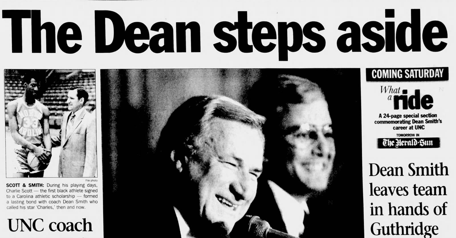 Durham Herald-Sun front page, October 10, 1997: “The Dean steps aside.”