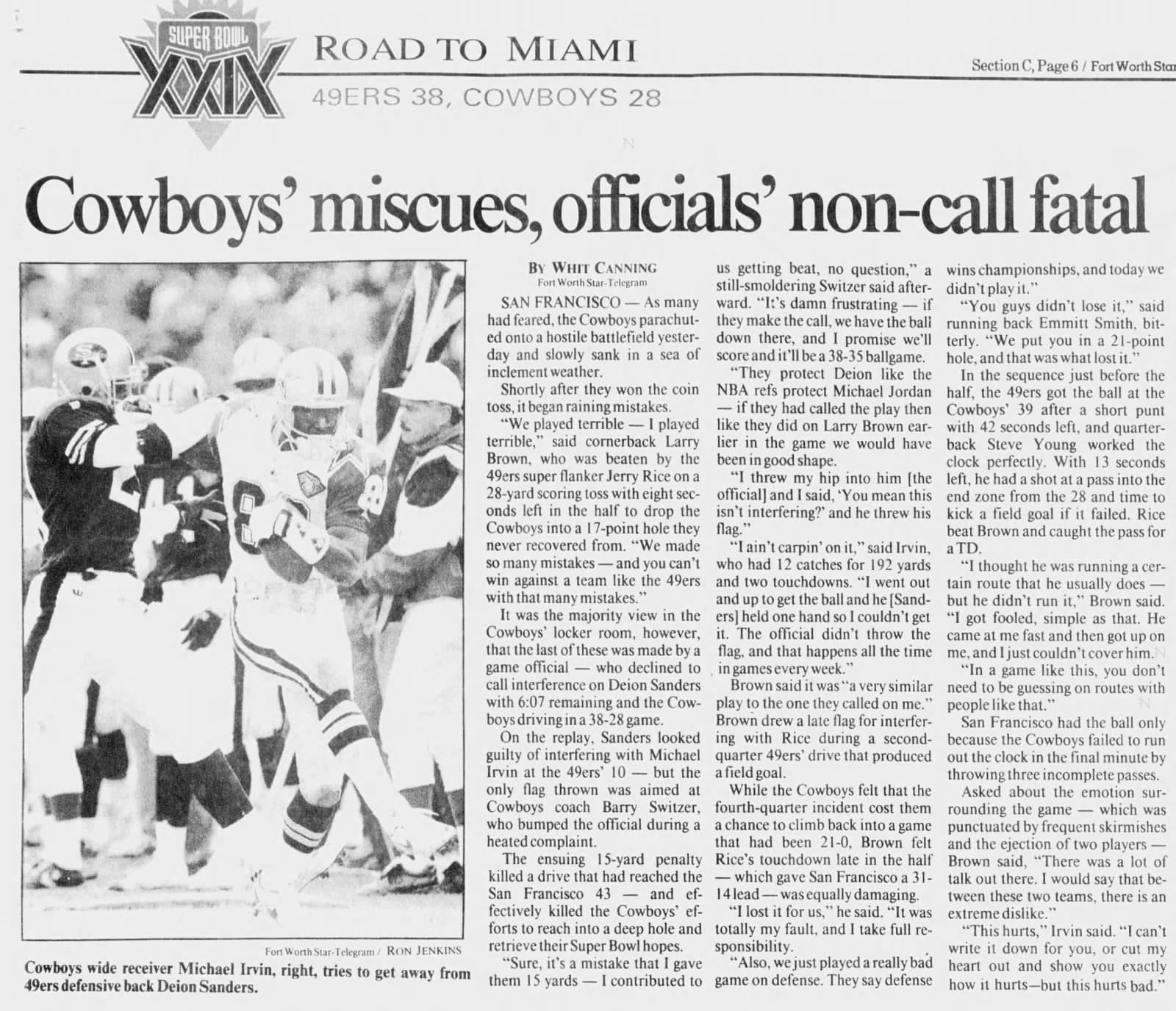 Fort Worth Star-Telegram, January 16, 1995: “Cowboys’ miscues, officials’ non-call fatal.” Michael Irvin tries to get away from Deion Sanders.