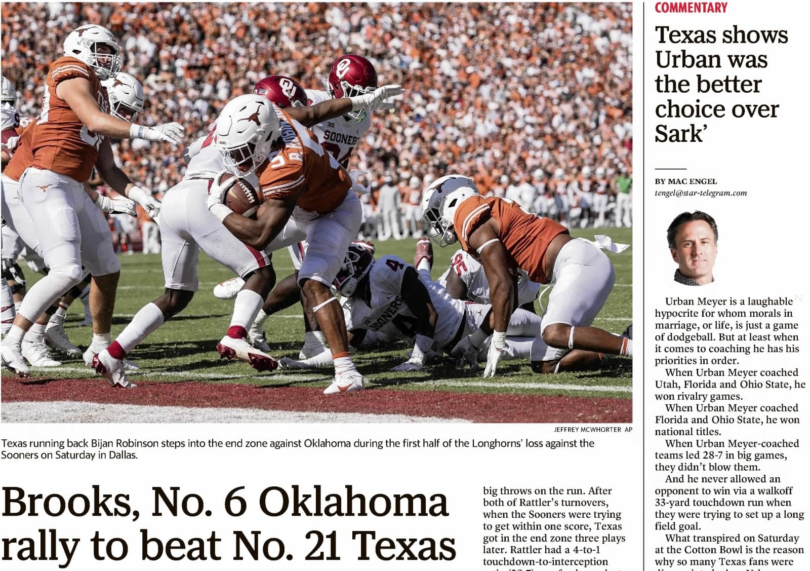 Fort Worth Star-Telegram, October 10, 2021: “Brooks, No. 6 Oklahoma rally to beat No. 21 Texas.”
