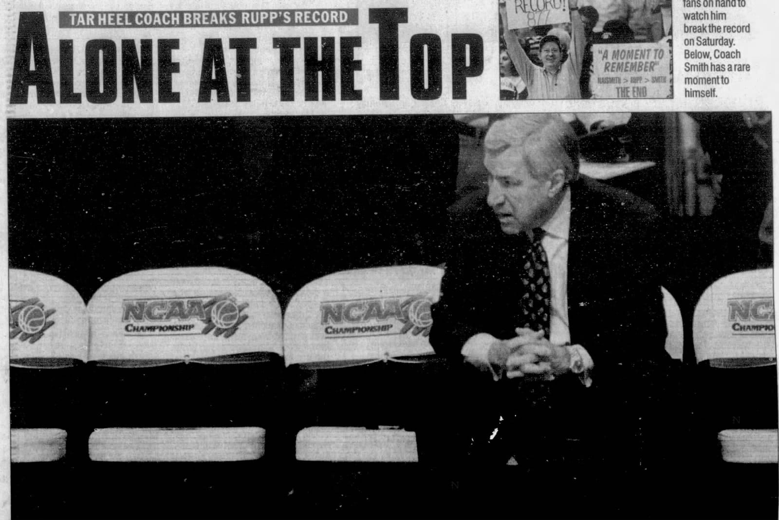 Wilmington Star-News front page, March 16, 1997: “Alone at the Top. Tar Heel coach breaks Rupp’s record.”