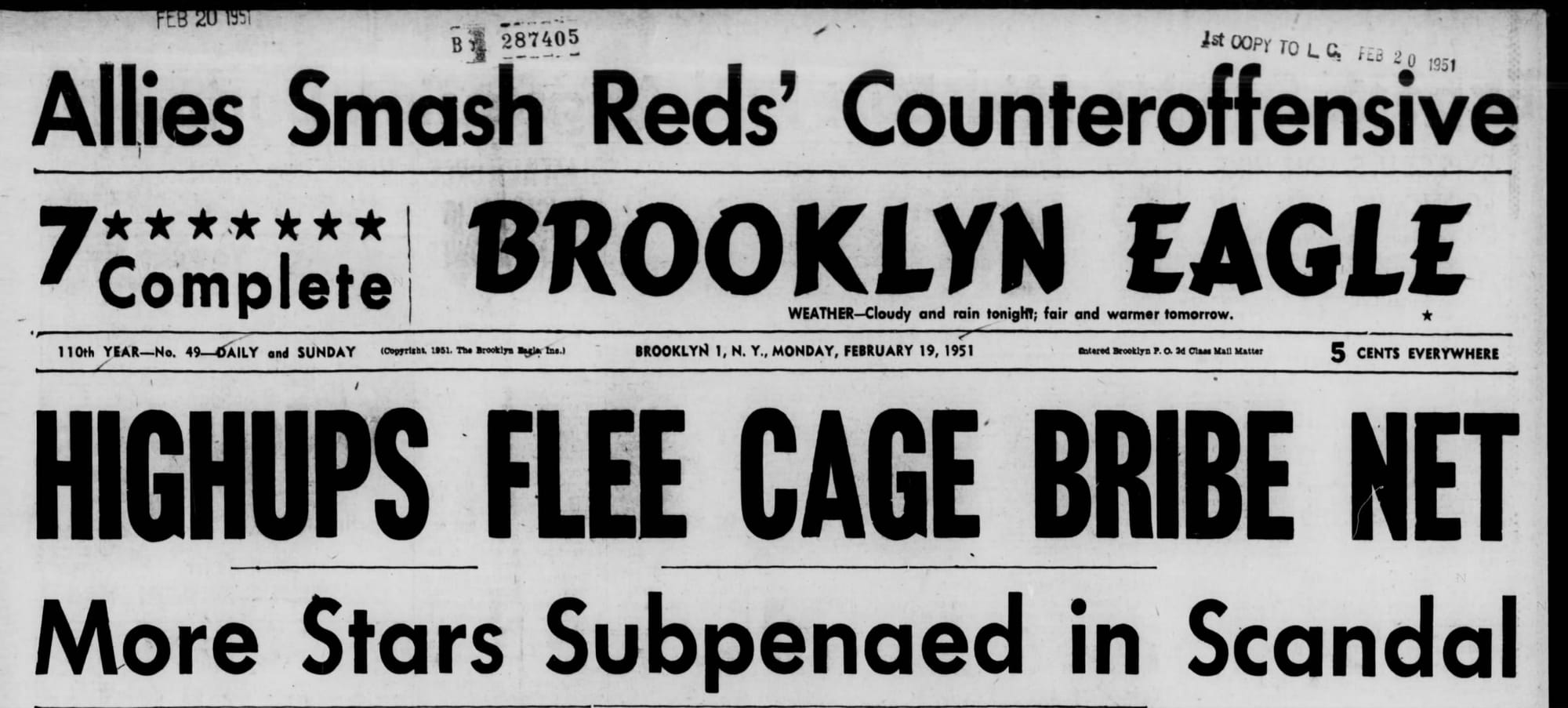 "HIGHUPS FLEE CAGE BRIBE NET": the Brooklyn Eagle, Feb. 19, 1951, the day after the CCNY arrests.