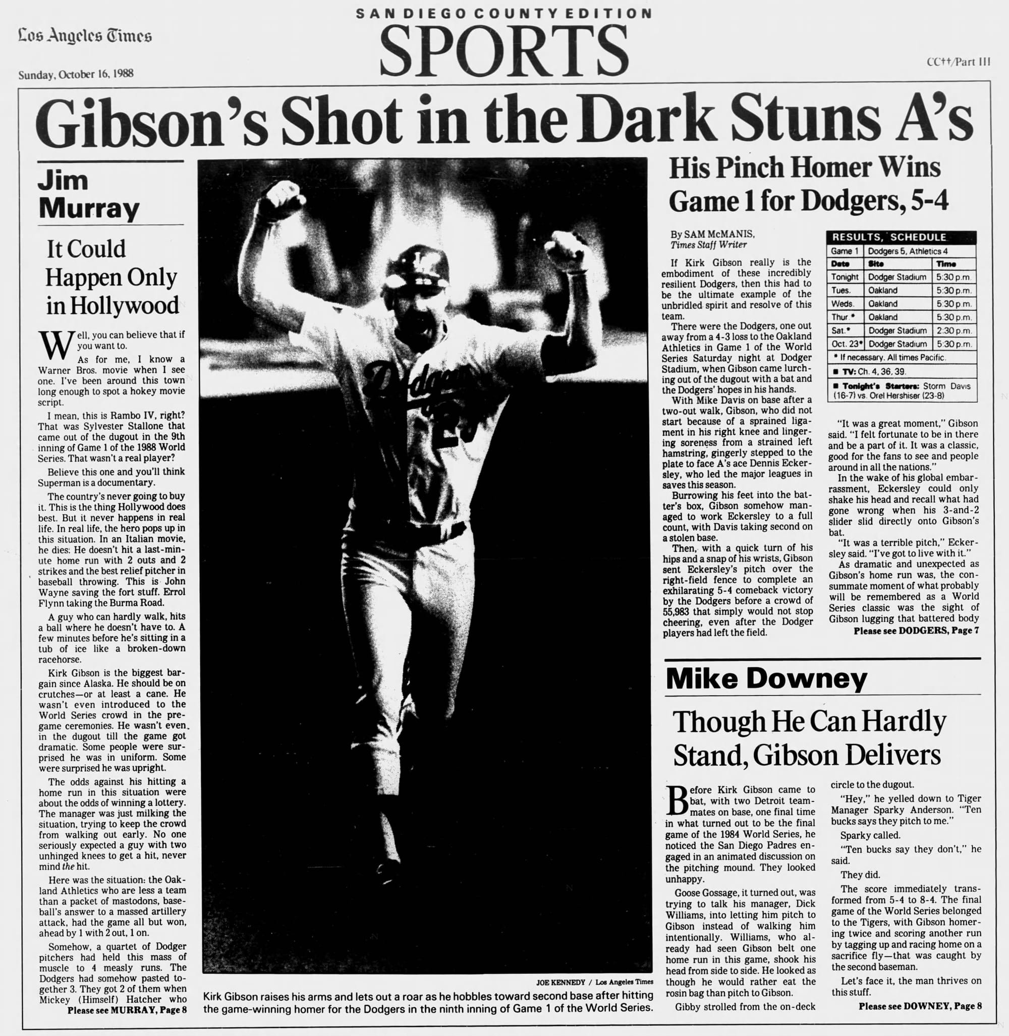 "Gibson's Shot in the Dark Stuns A's": the Los Angeles Times sports front, Oct. 16, 1988.