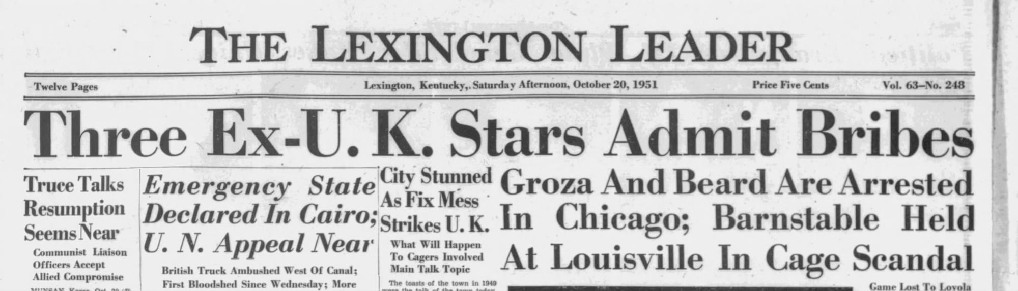 "Three Ex-U.K. Stars Admit Bribes": the Lexington Leader, Oct. 20, 1951.