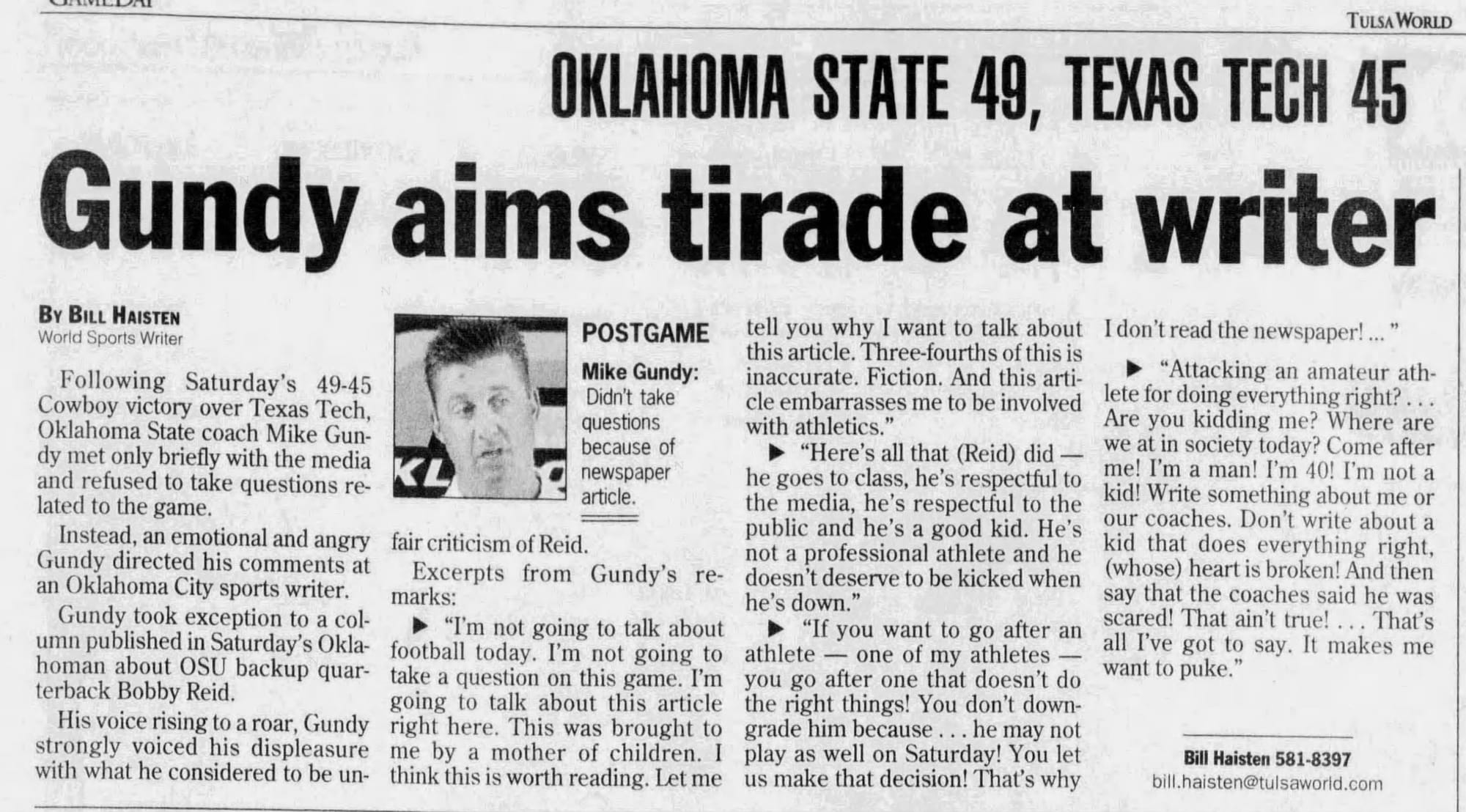 "Gundy aims tirade at writer": the Tulsa World, Sept. 23, 2007.
