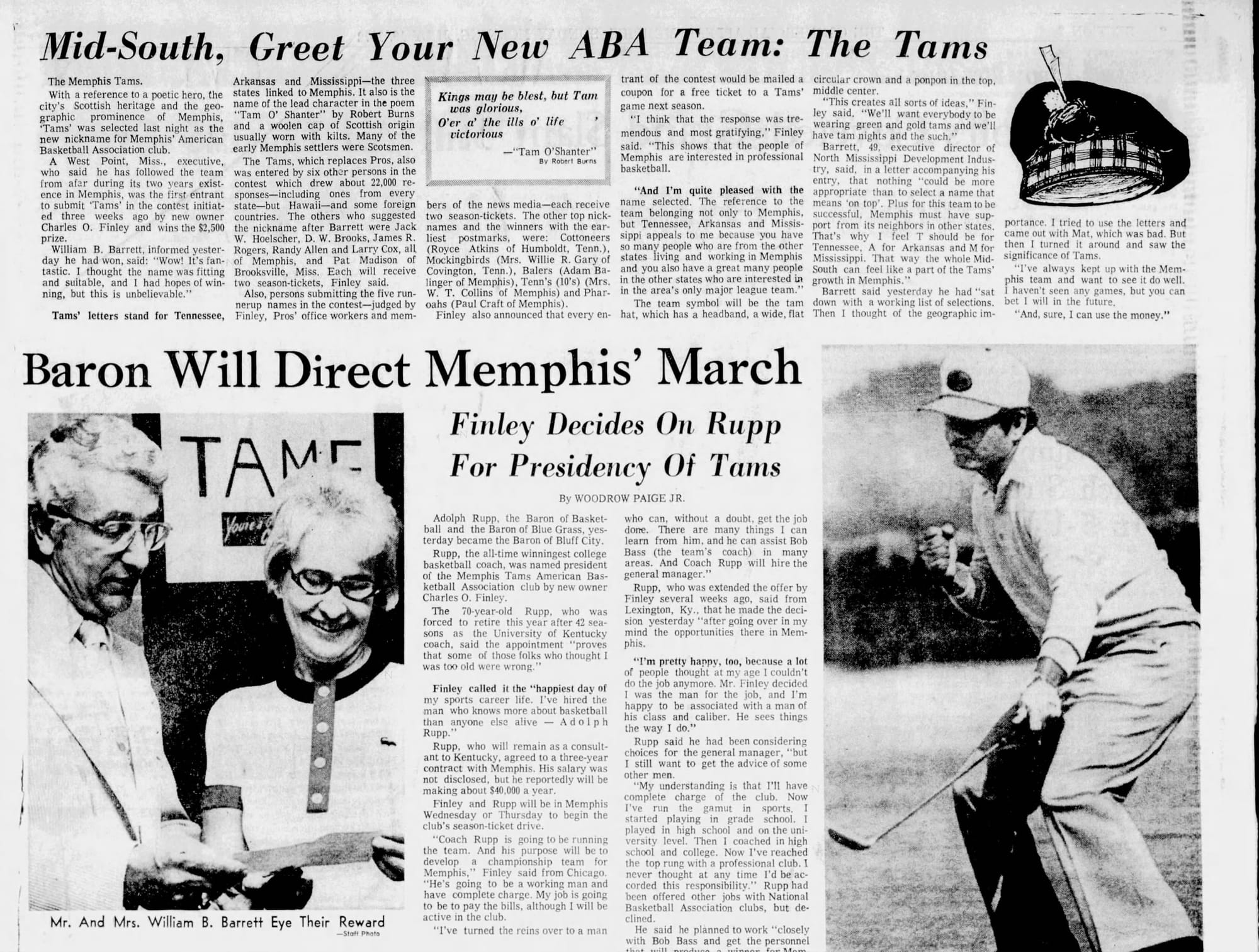 "Mid-South, Greet Your New ABA Team: The Tams," in the Memphis Commercial Appeal, July 16, 1972.
