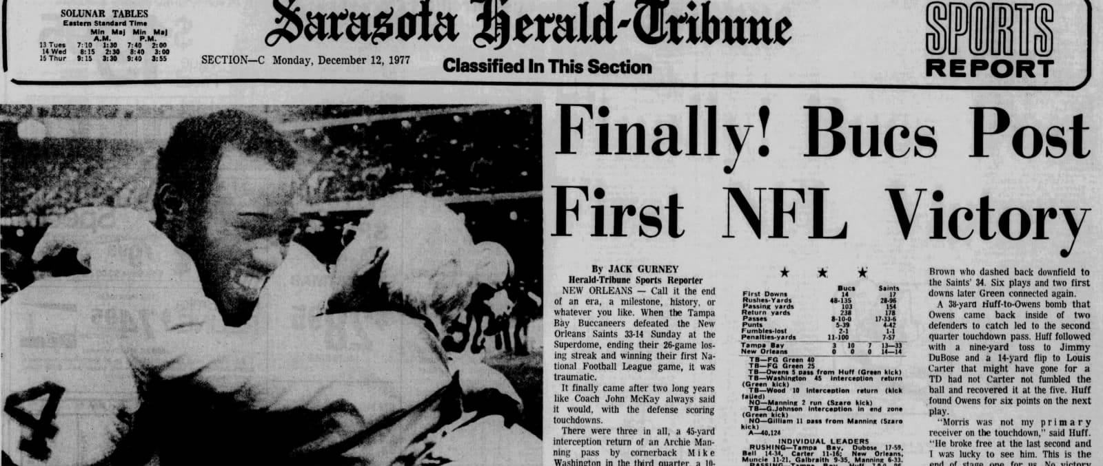 Sarasota Herald-Tribune, December 12, 1977: “Finally! Bucs Post First NFL Victory.”