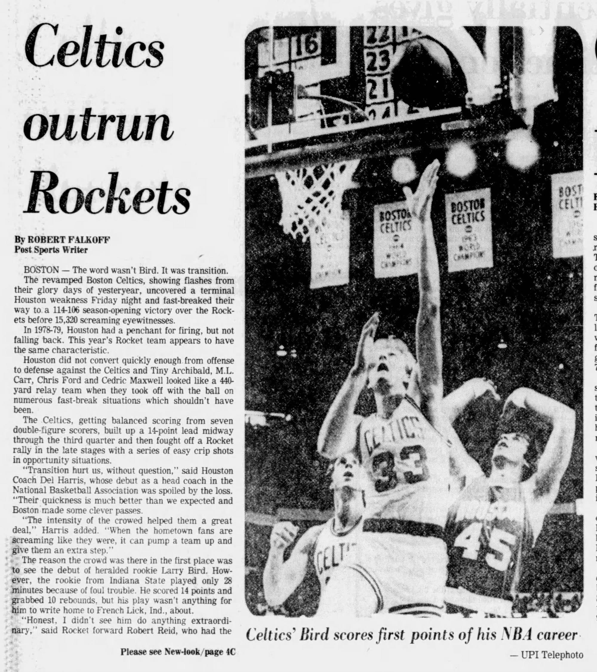Houston Post, Oct. 13, 1979: "Bird scores first points of his NBA career."