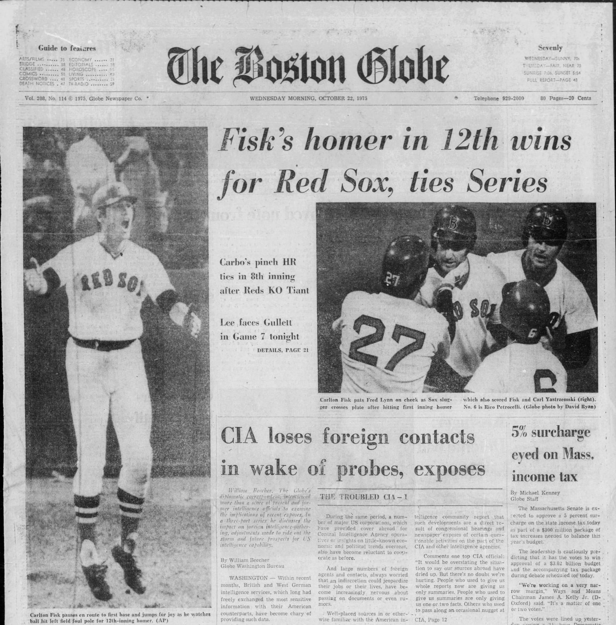 The Boston Globe made it onto the next morning's front page, Oct. 22, 1975.