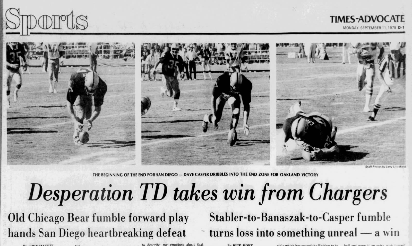 Daily Times-Advocate (Escondido, Calif.), Sept. 11, 1978: the fumble-forward play, frame by frame.