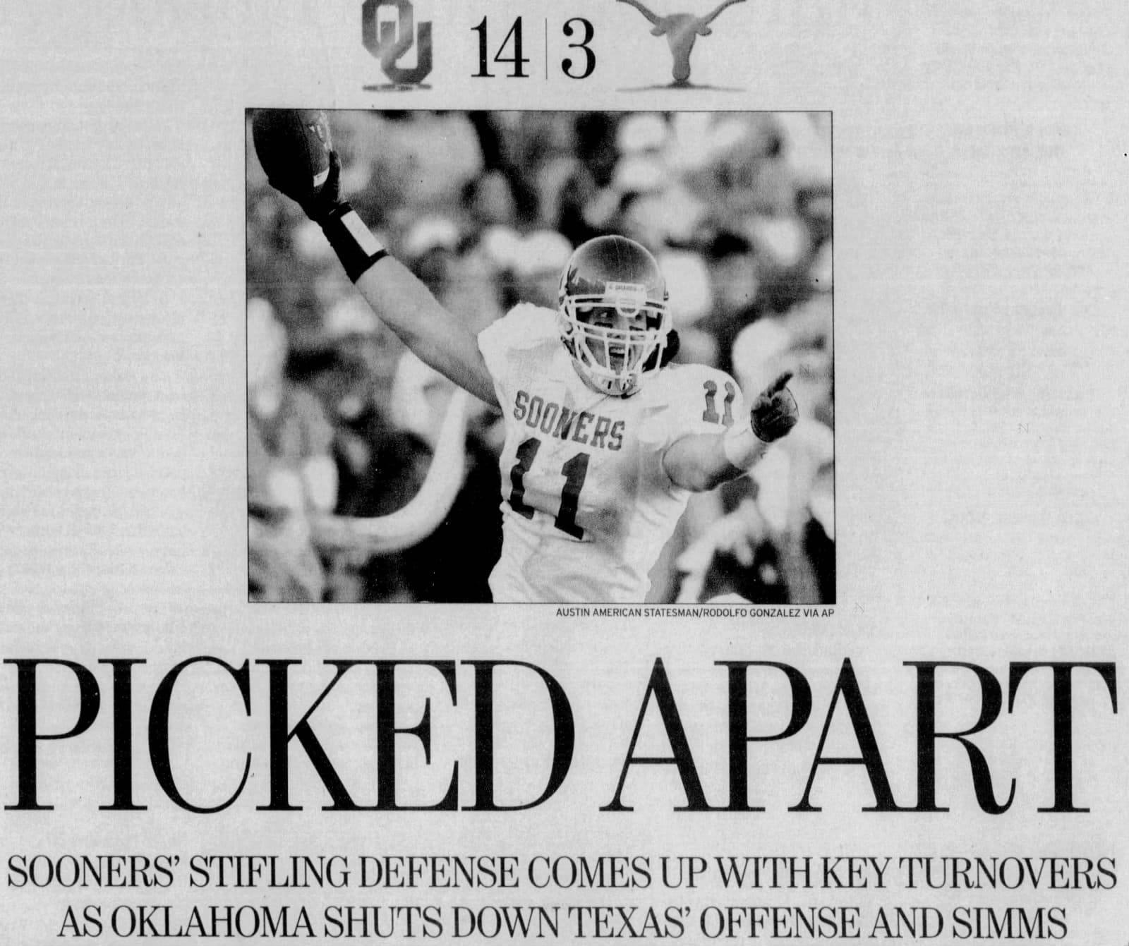 Fort Worth Star-Telegram GameDay, October 7, 2001: “Picked Apart.” Teddy Lehman after the Superman play.
