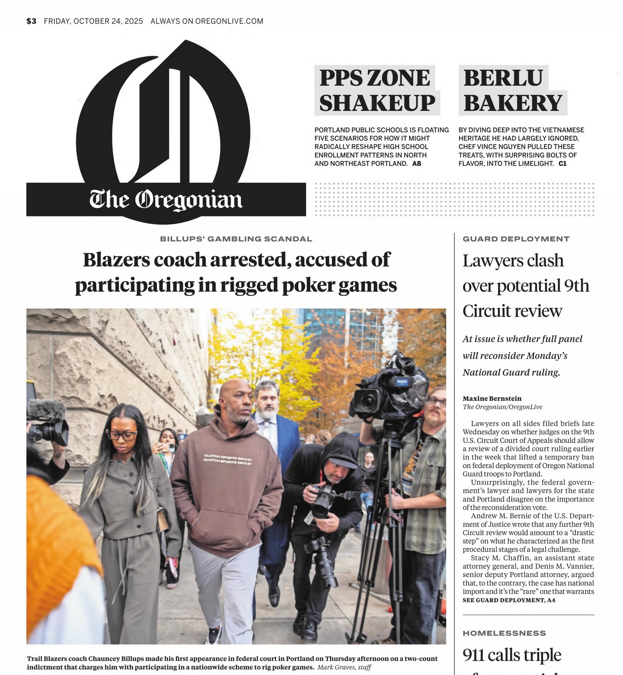 "Blazers coach arrested, accused of participating in rigged poker games": The Oregonian, Oct. 24, 2025.