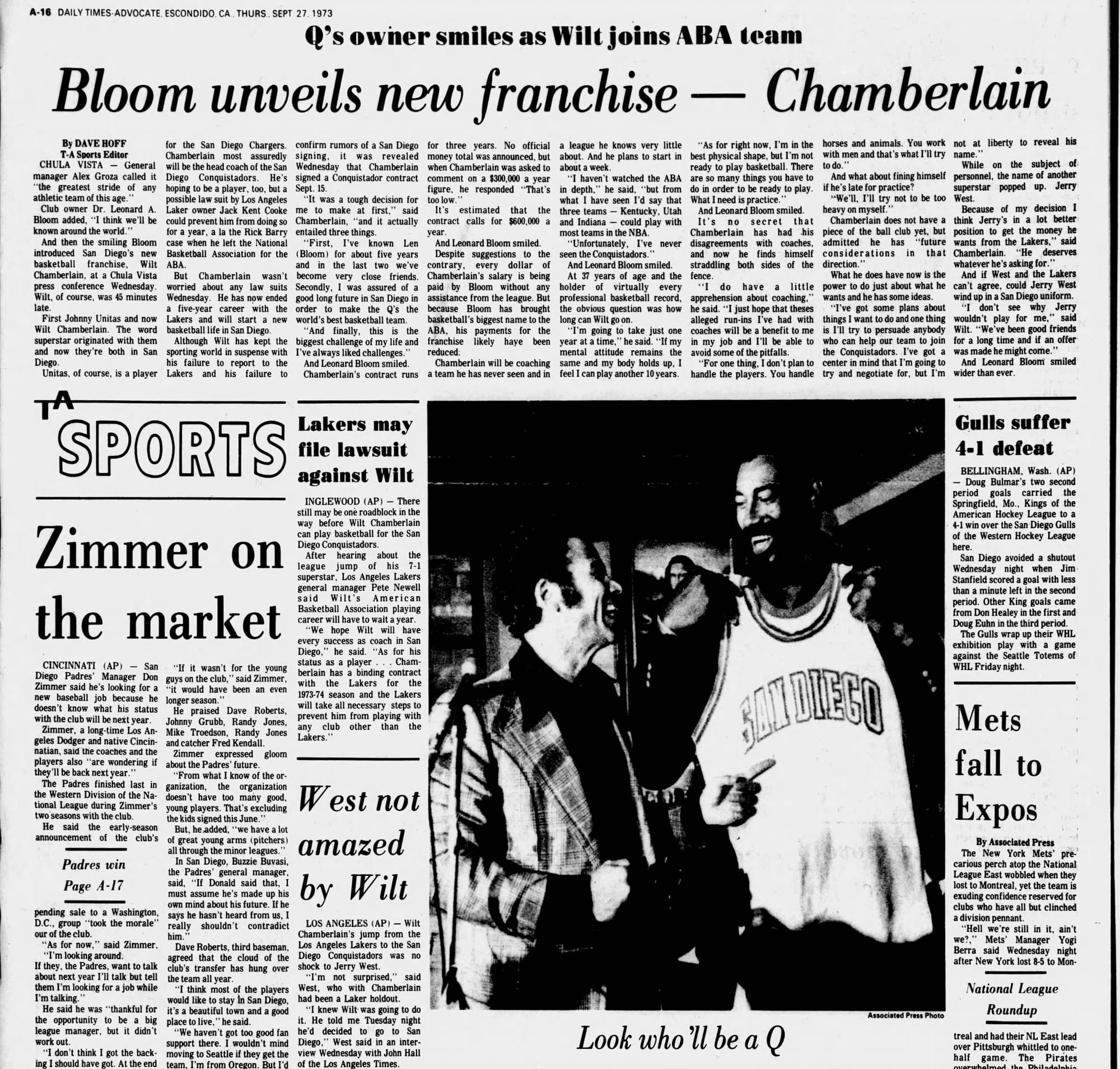 "Look who'll be a Q": the Escondido Times-Advocate on Wilt's arrival, Sept. 27, 1973.