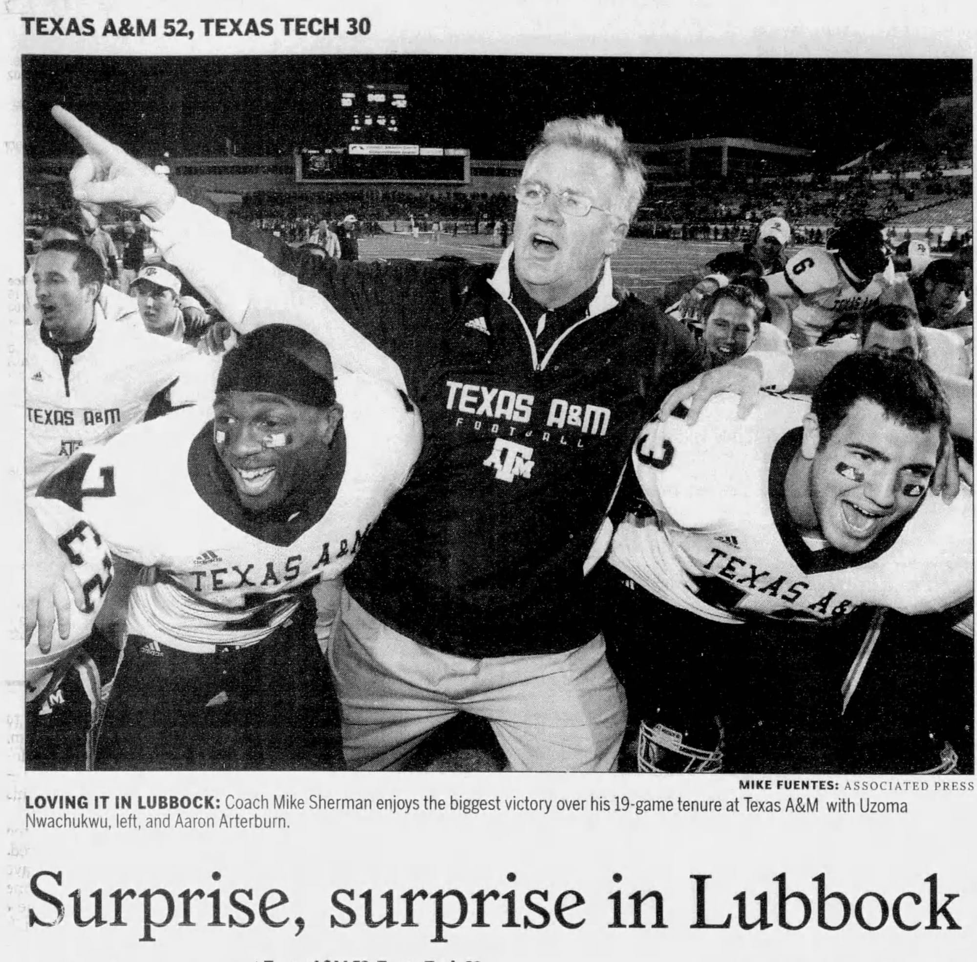 The Houston Chronicle, Oct. 25, 2009, with A&M coach Mike Sherman celebrating in Lubbock.