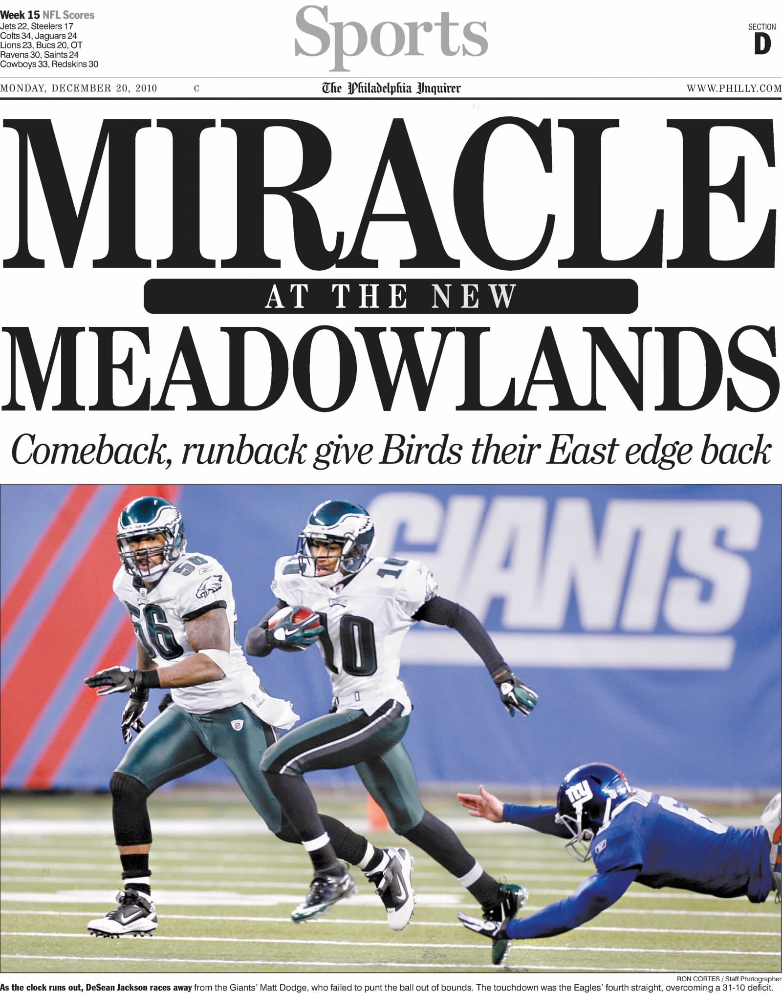Philadelphia Inquirer, Dec. 20, 2010: "MIRACLE AT THE NEW MEADOWLANDS."