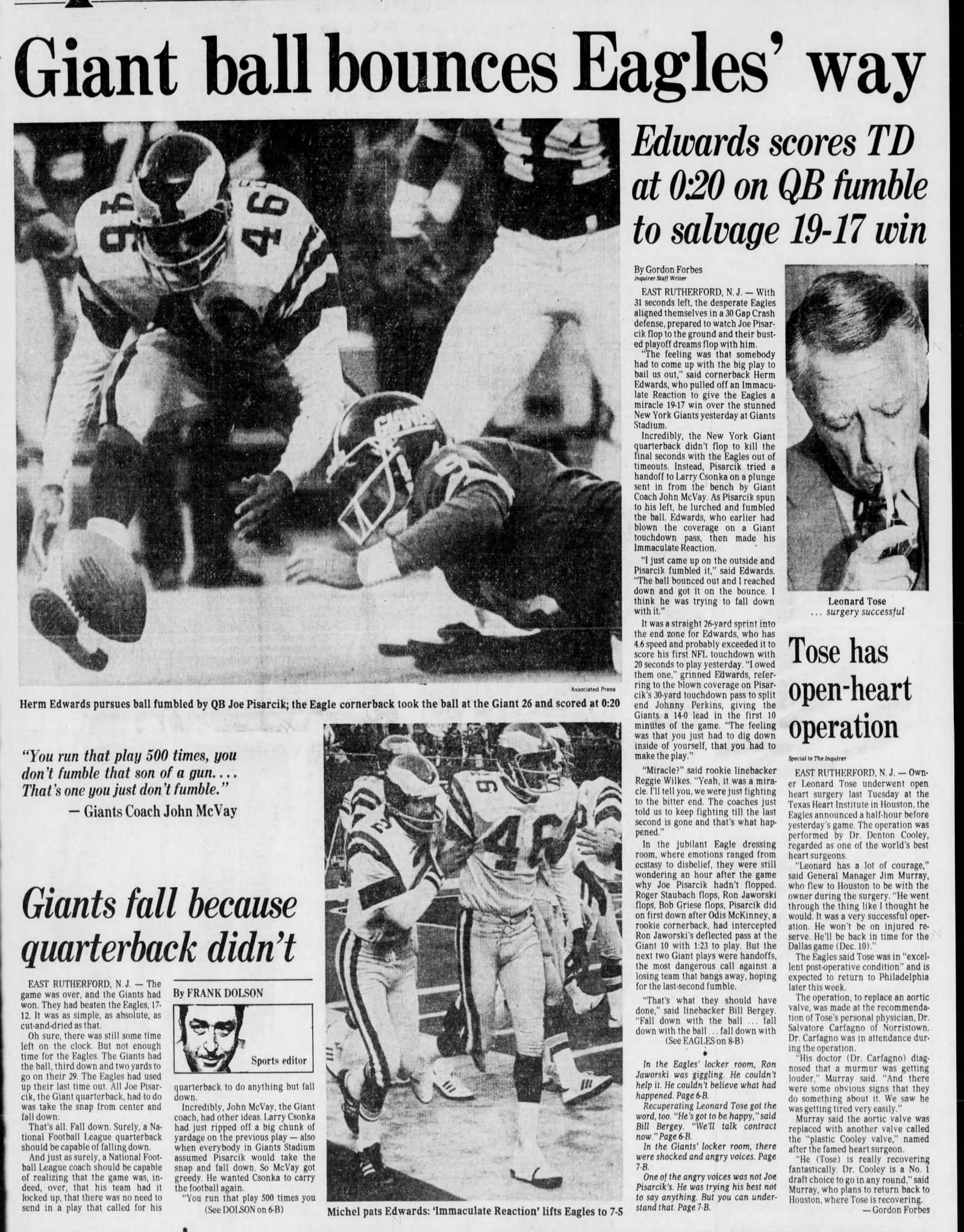 Philadelphia Inquirer, Nov. 20, 1978: "Giant ball bounces Eagles' way."