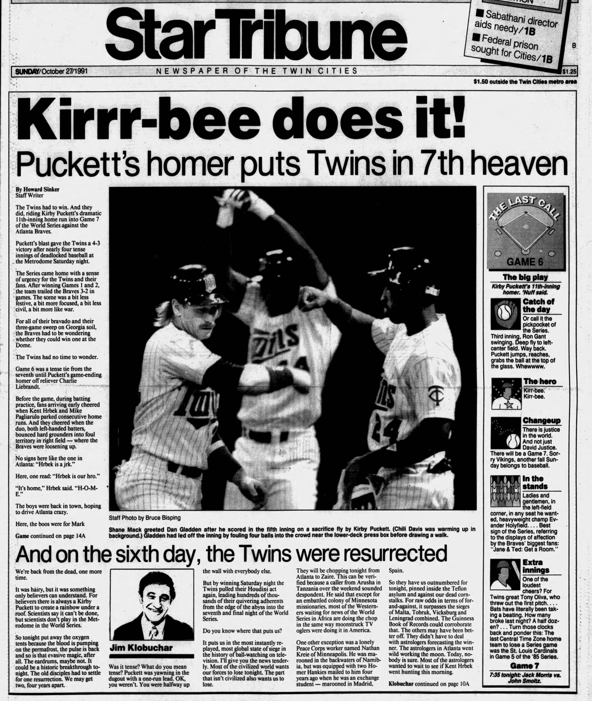 "Kirrr-bee does it!" The Minneapolis Star Tribune, Oct. 27, 1991.