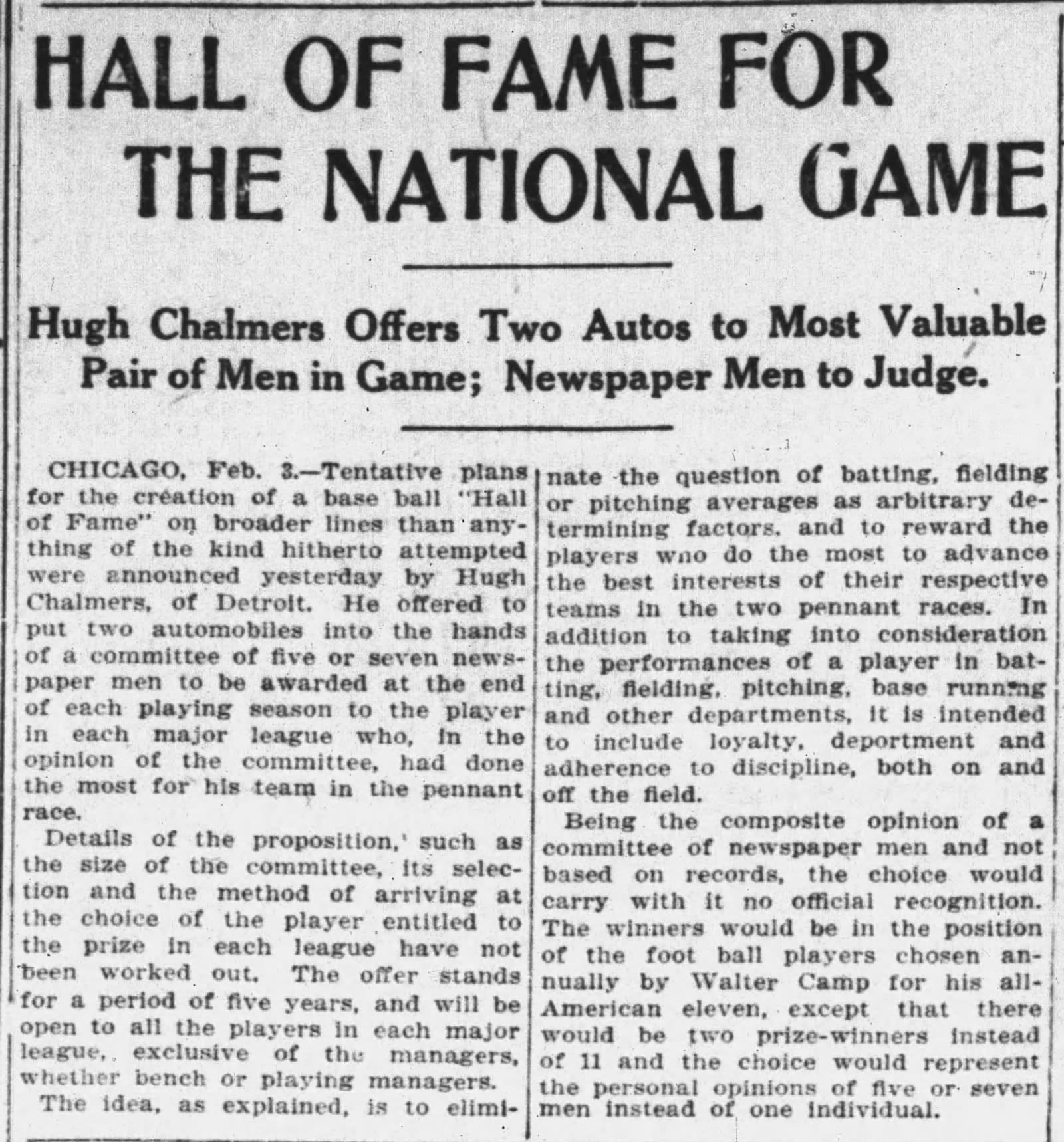 Detroit News, Feb. 3, 1911: "Hall of Fame for the National Game." The real one in Cooperstown wouldn't elect its first class until 1936.