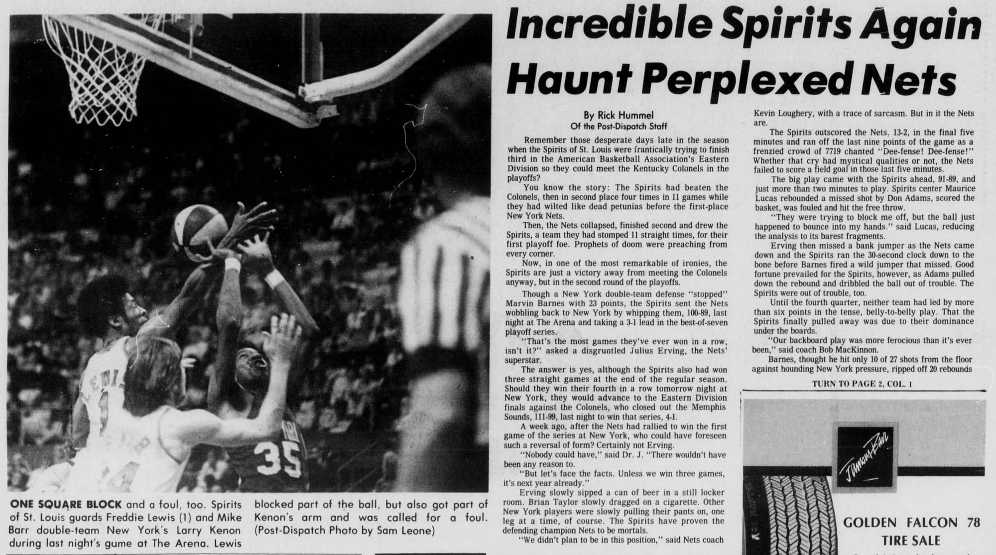 "Incredible Spirits Again Haunt Perplexed Nets": the Post-Dispatch after Game 4 of the 1975 series, which put the Spirits up 3 games to 1.
