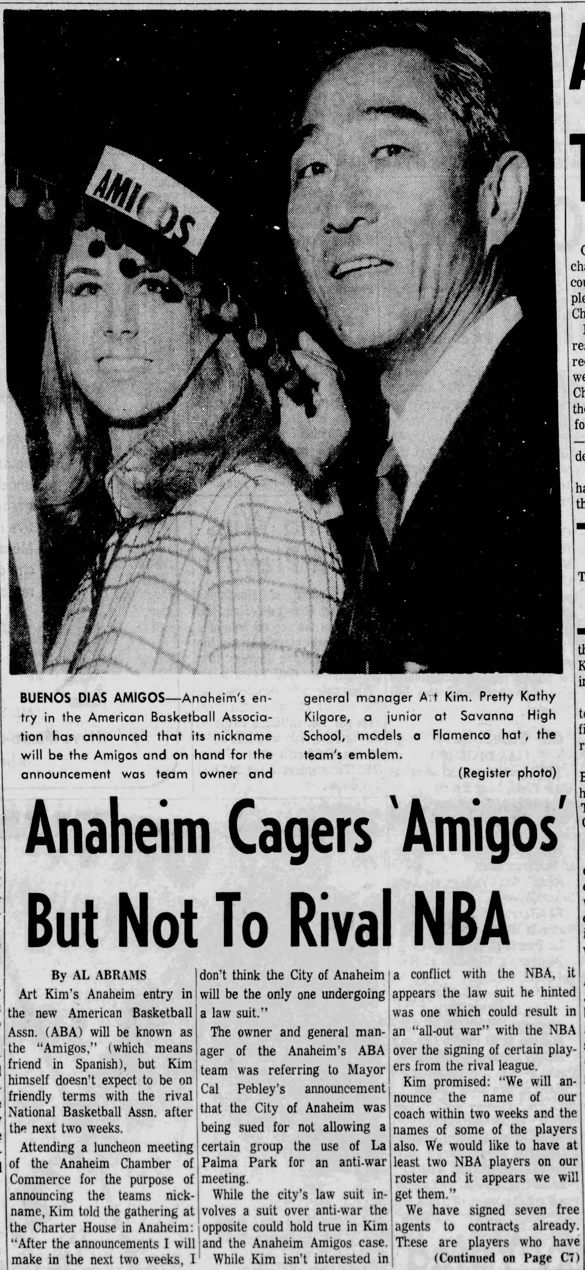 Owner Art Kim and a model wearing the Amigos' emblem, in the Santa Ana Register, May 26, 1967.