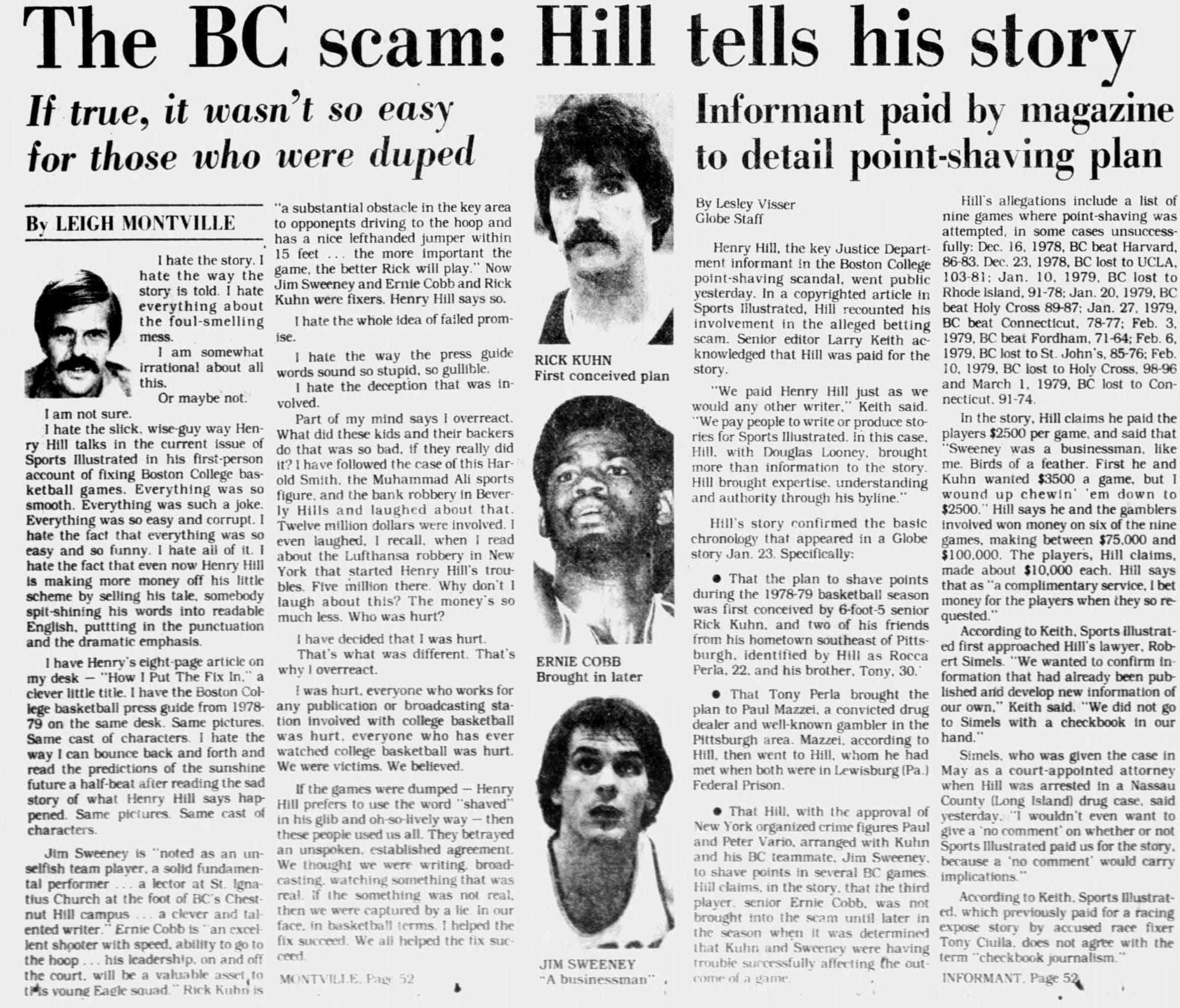 "The BC scam: Hill tells his story": the Boston Globe sports front, Feb. 12, 1981, the week Sports Illustrated published Hill's account.