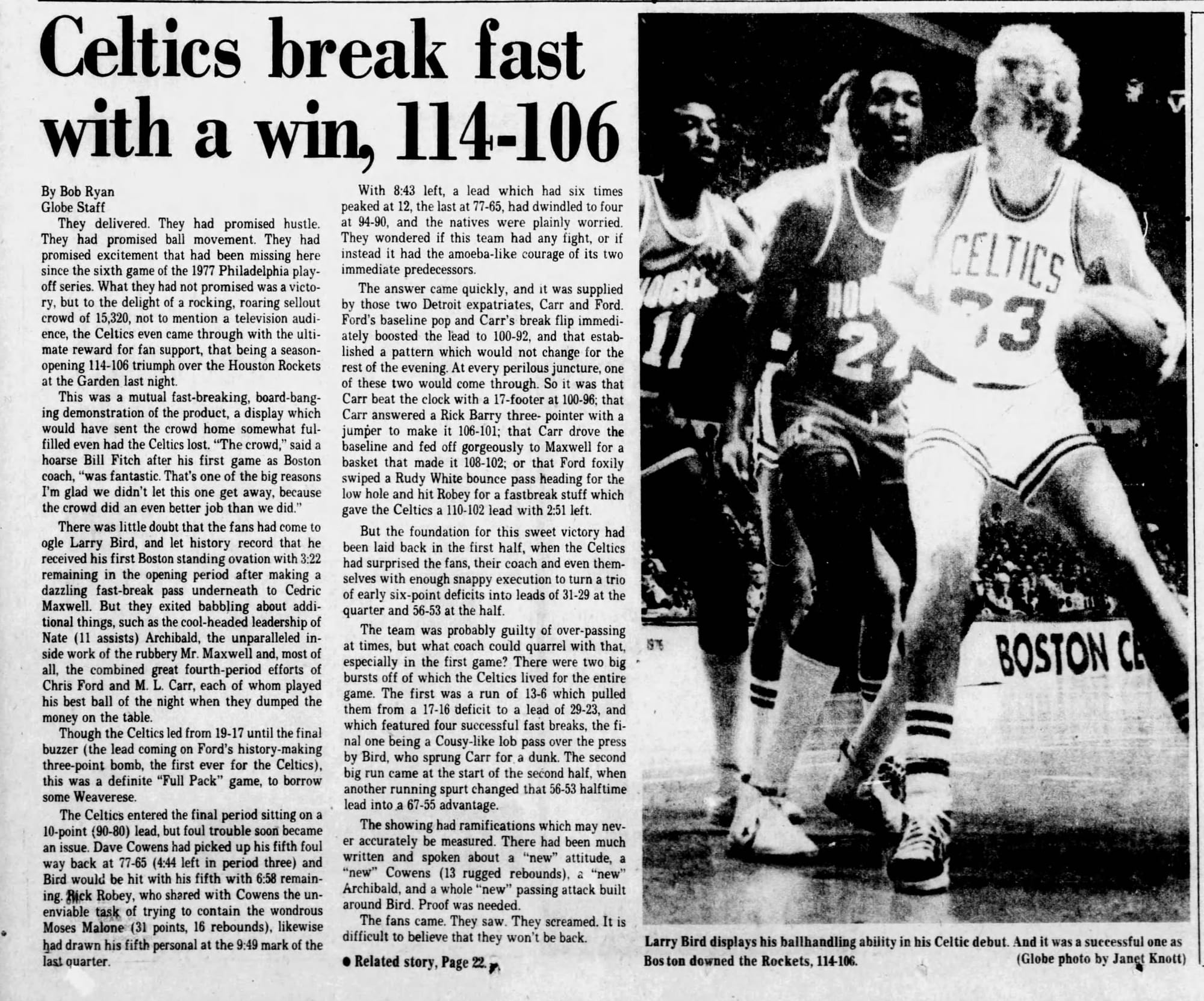Boston Globe, Oct. 13, 1979: "Celtics break fast with a win, 114-106."