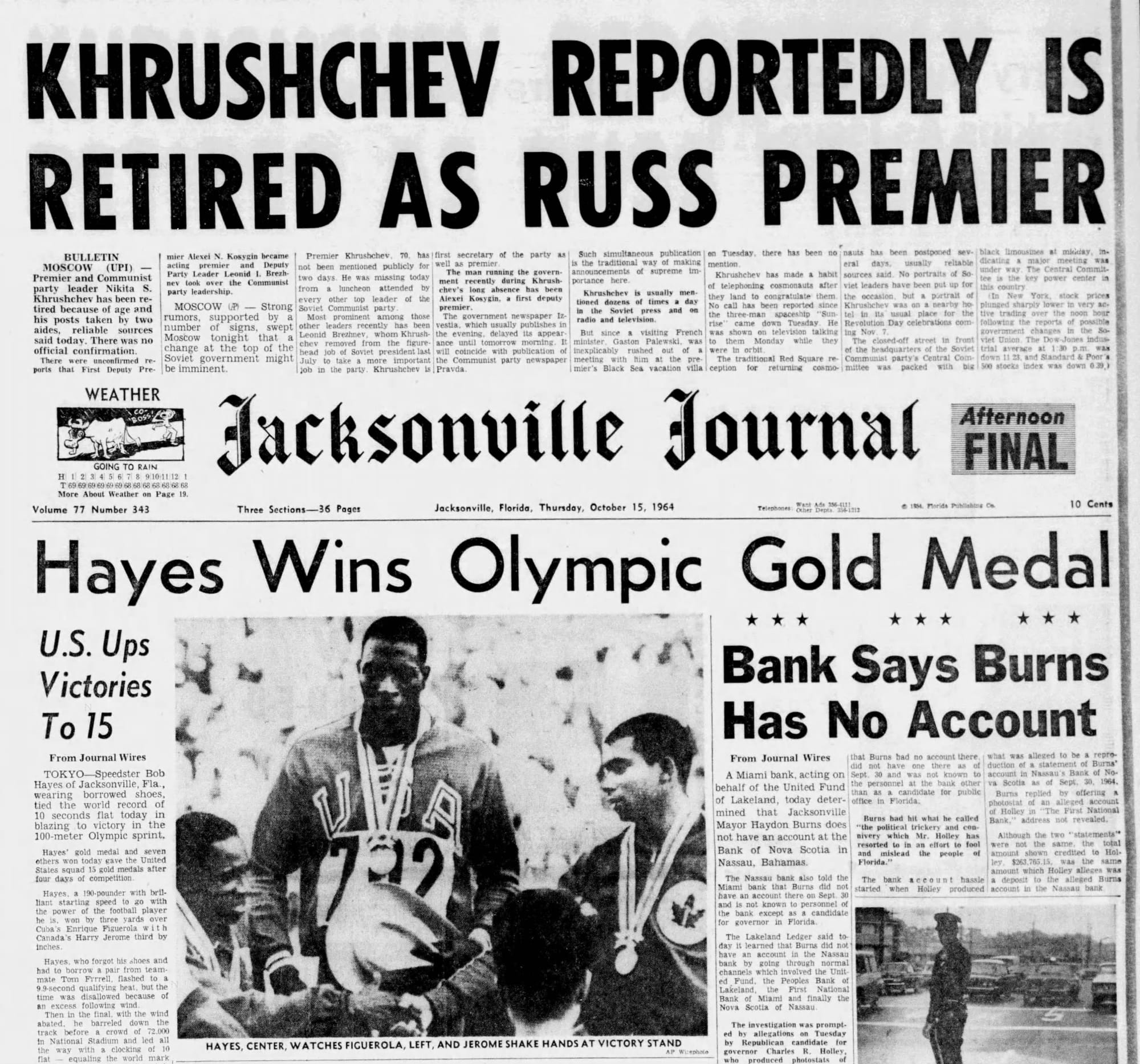 Hayes' hometown paper, the Jacksonville Journal, Oct. 15, 1964. His gold shared the front page with the fall of Nikita Khrushchev.