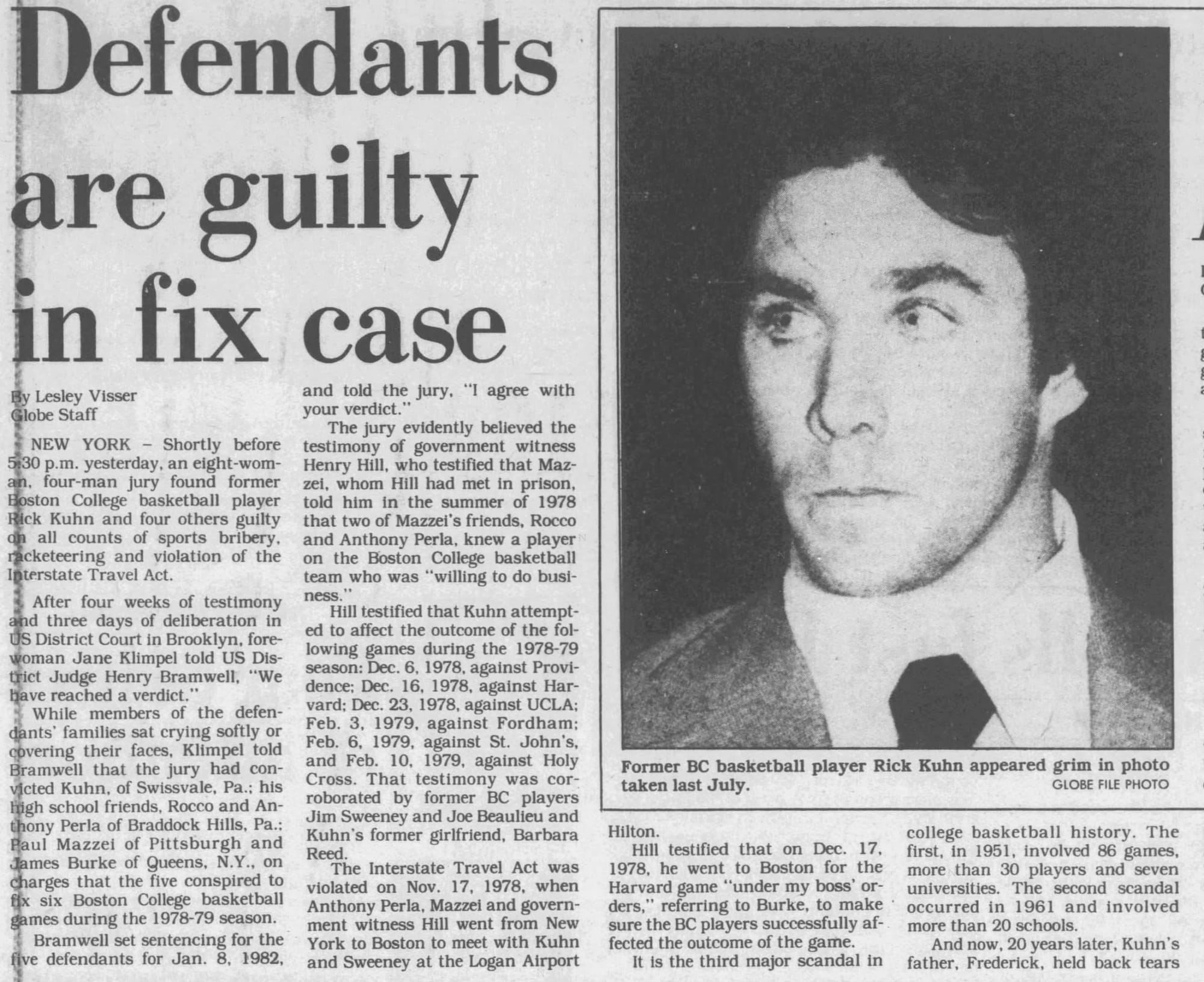 "Defendants are guilty in fix case": the Boston Globe, Nov. 24, 1981. The photo is Rick Kuhn.