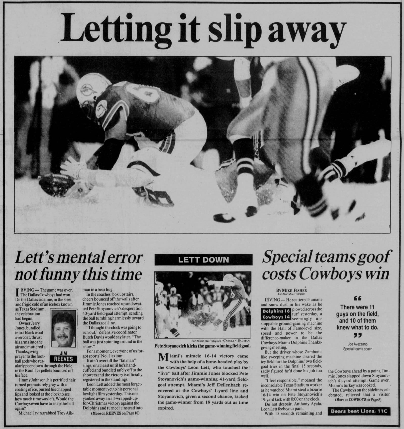 Fort Worth Star-Telegram, Nov. 26, 1993: "Letting it slip away."