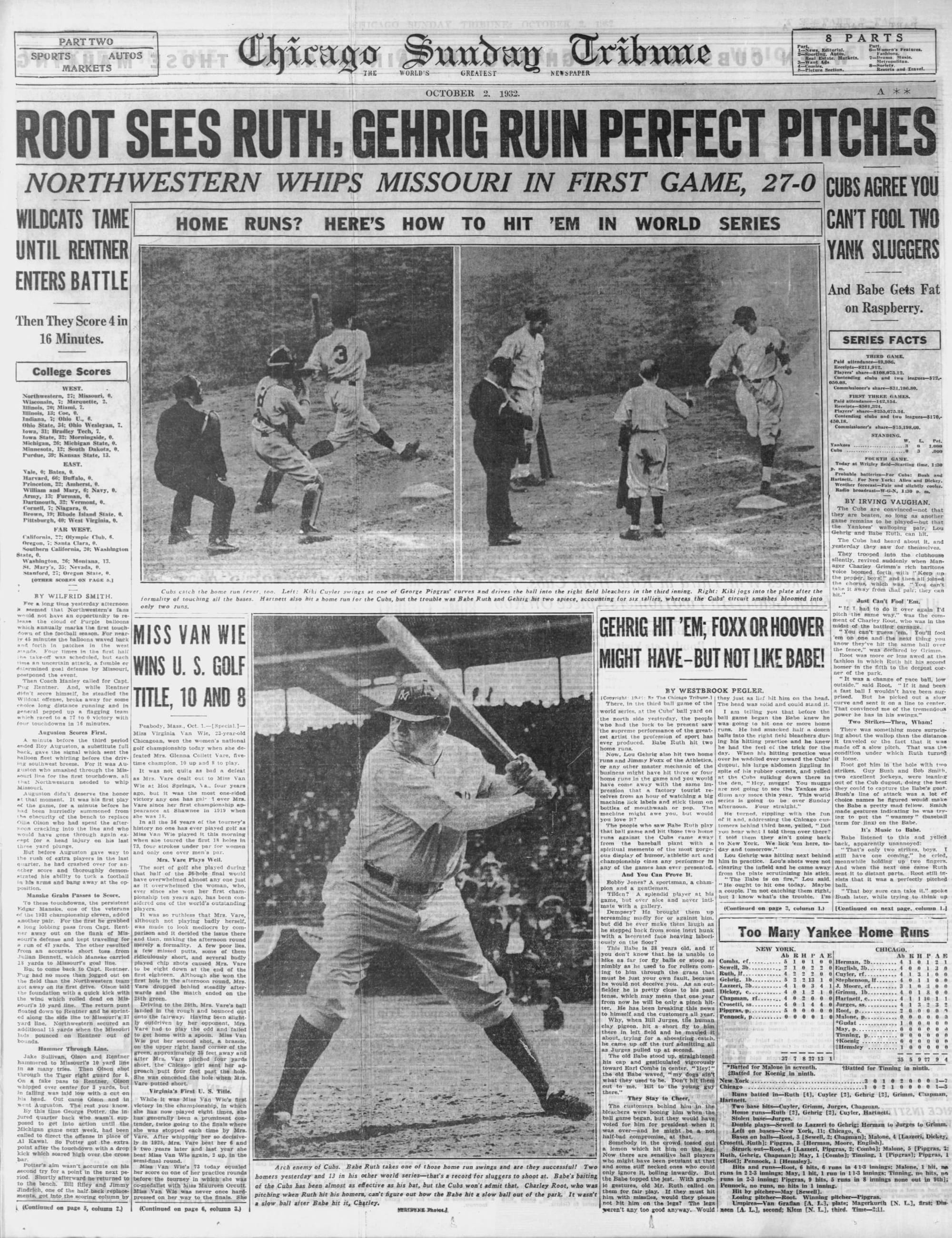 "Root Sees Ruth, Gehrig Ruin Perfect Pitches": the Chicago Tribune sports front, Oct. 2, 1932.