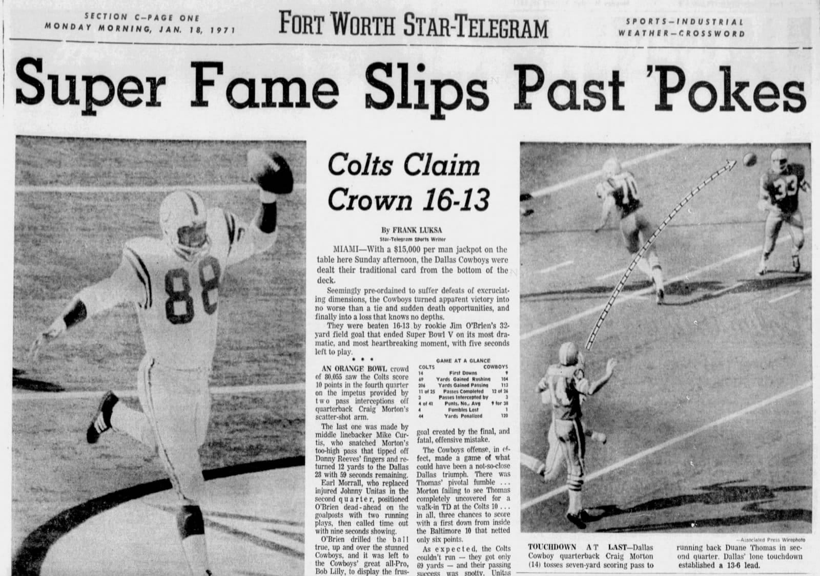 Fort Worth Star-Telegram, January 18, 1971: “Super Fame Slips Past ’Pokes.”