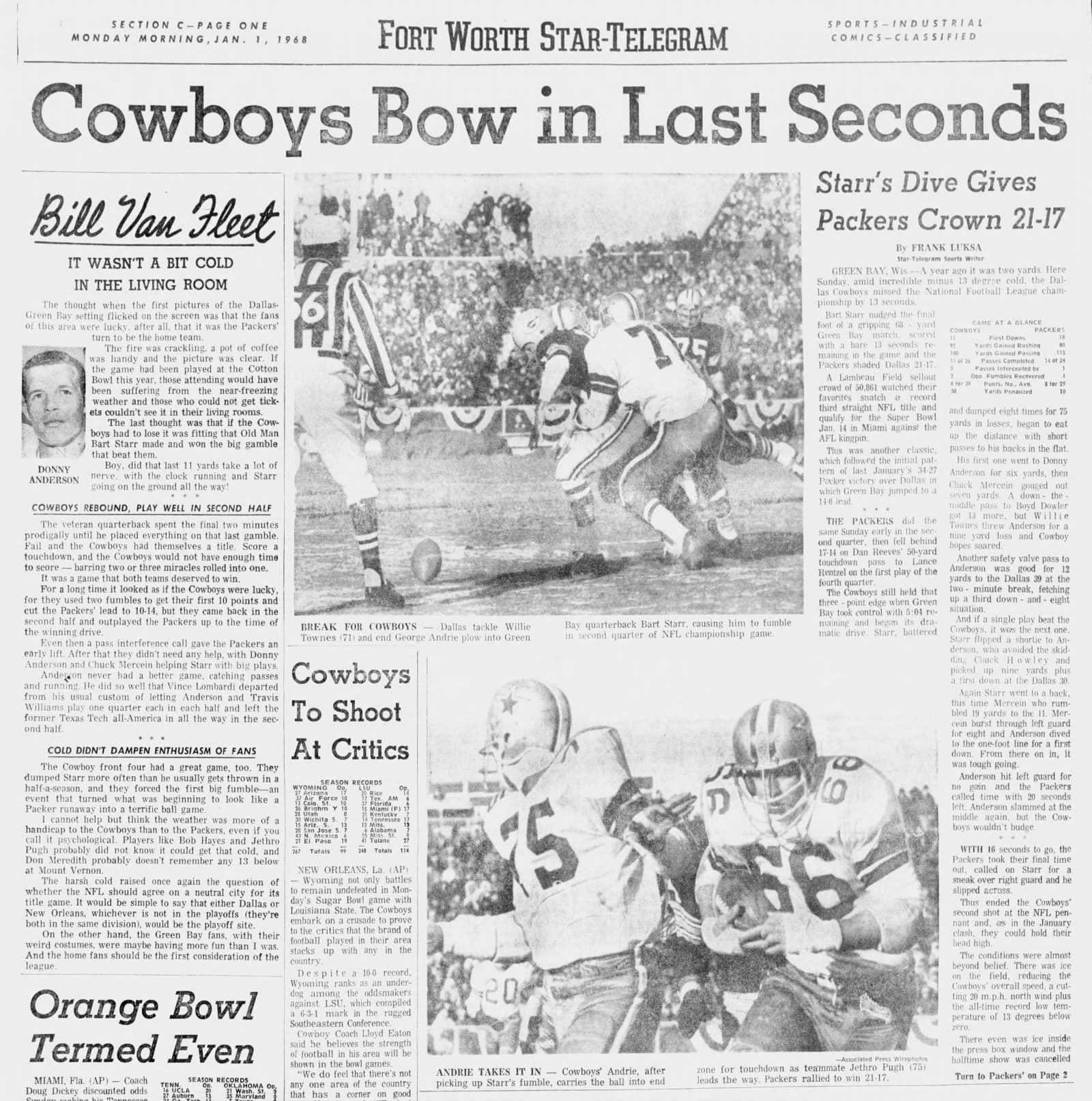 Fort Worth Star-Telegram, January 1, 1968: “Cowboys Bow in Last Seconds.”